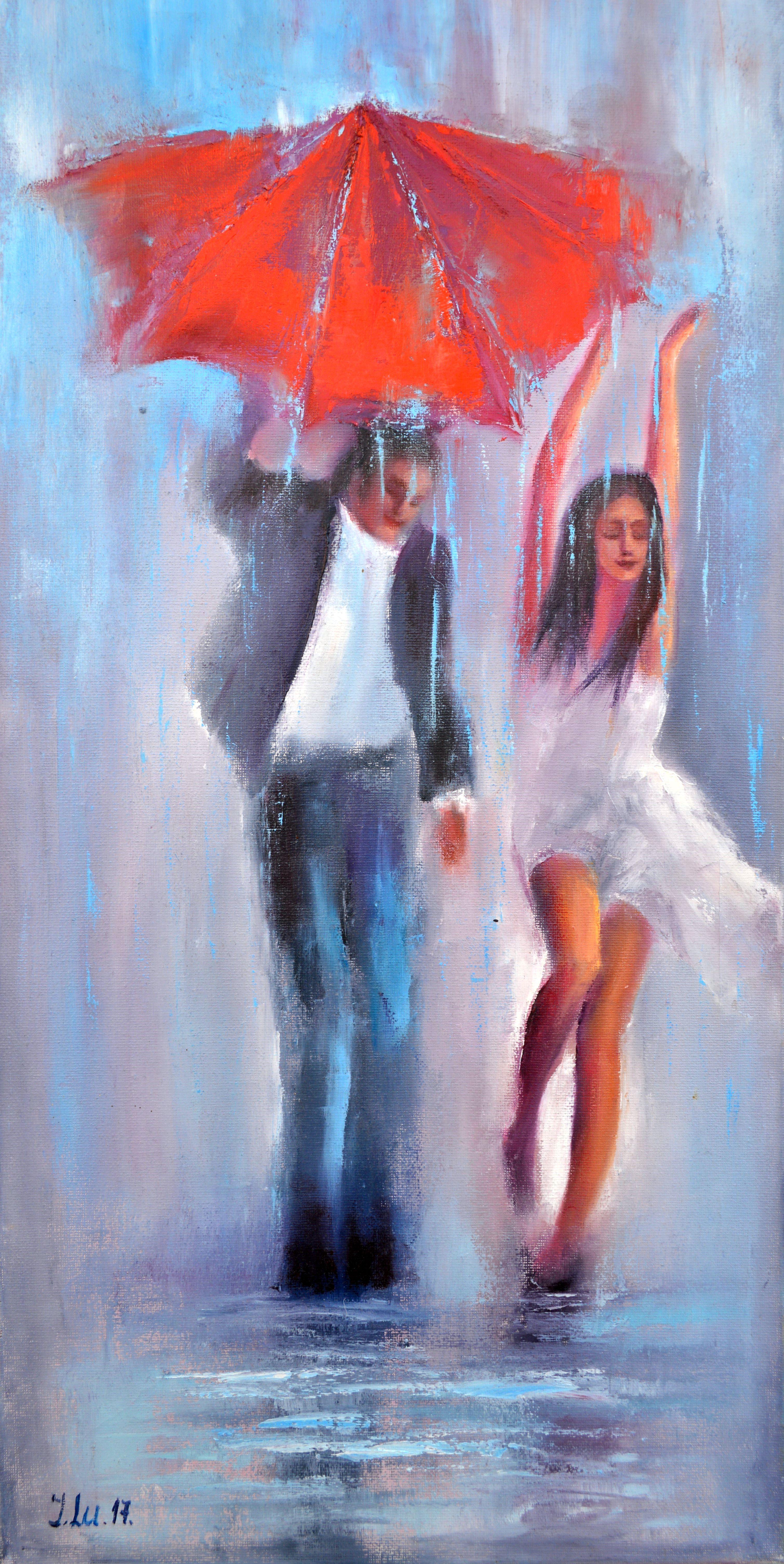 Bailando bajo la lluvia óleo 60X30, arte para regalar en San Valentín