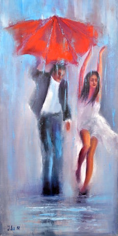 Bailando bajo la lluvia óleo 60X30, arte para regalar en San Valentín