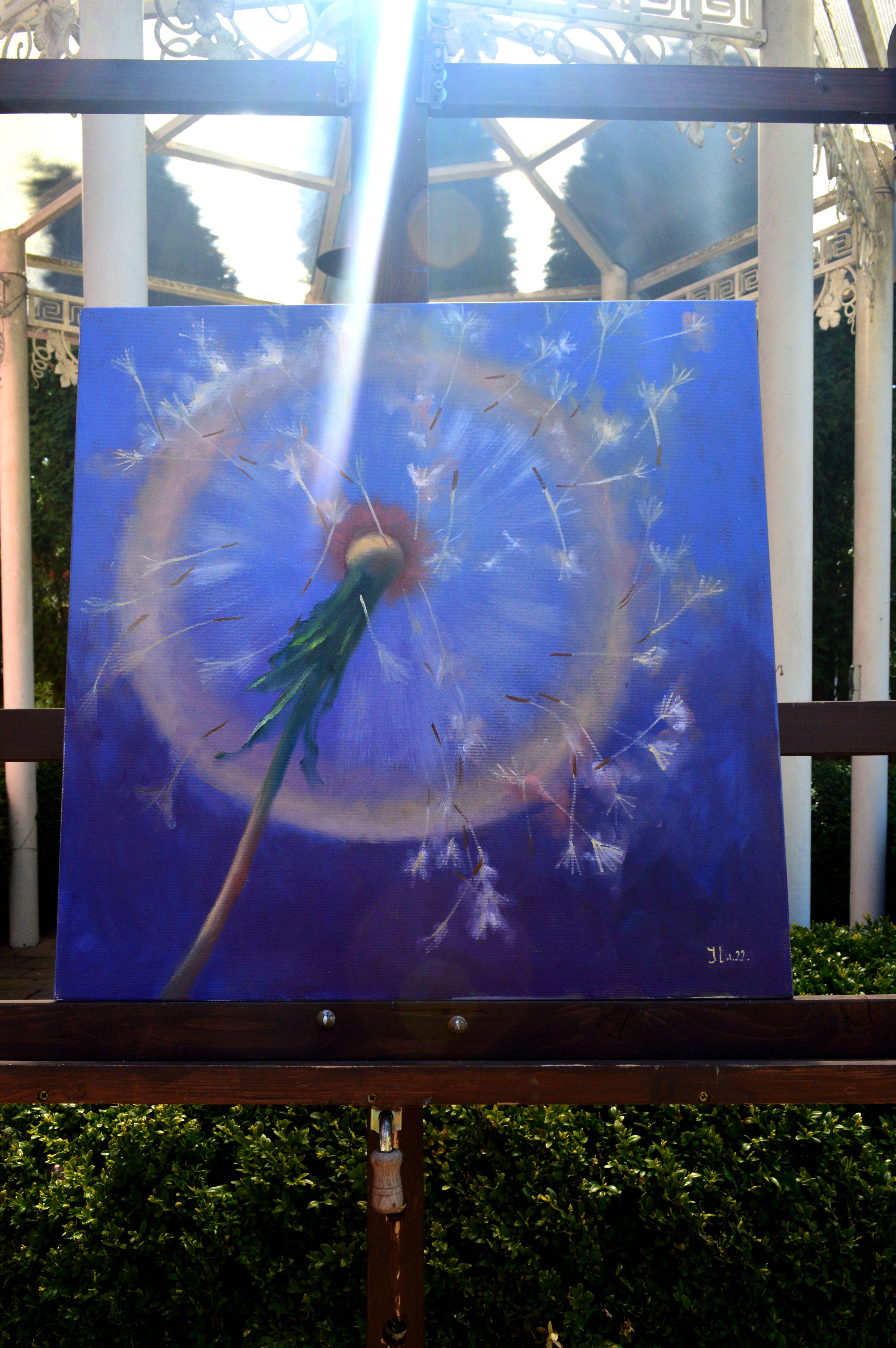 Dandelions in flight 60X60 - Blue Interior Painting by Elena Lukina