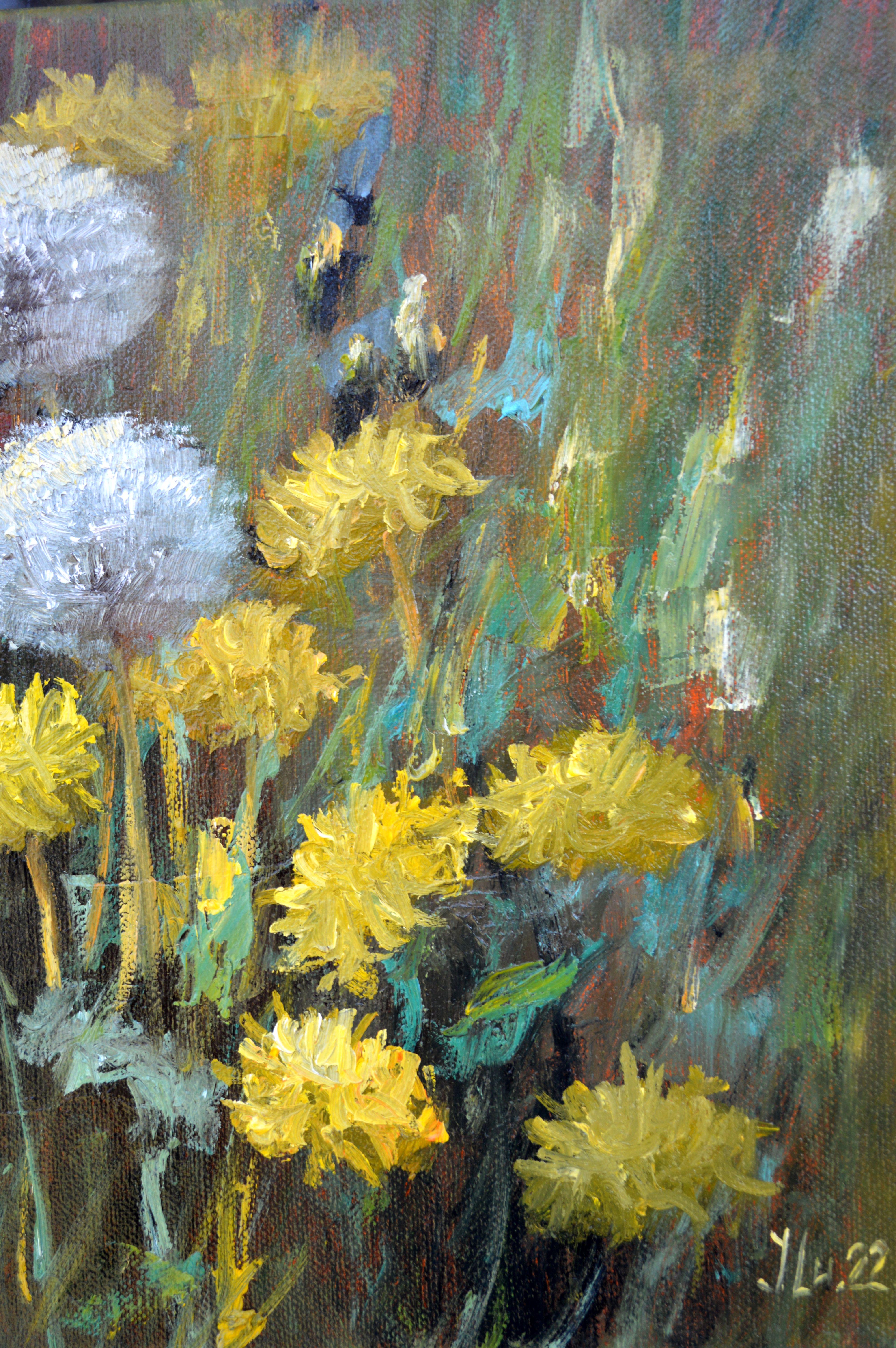 In diesem Ölgemälde wollte ich das zarte Wechselspiel zwischen Stärke und flüchtiger Schönheit einfangen. Die Pusteblumen, die vor einem Feld aus Gold und Grün stehen, verkörpern die flüchtigen Momente der Natur. Meine Pinselstriche sind voller