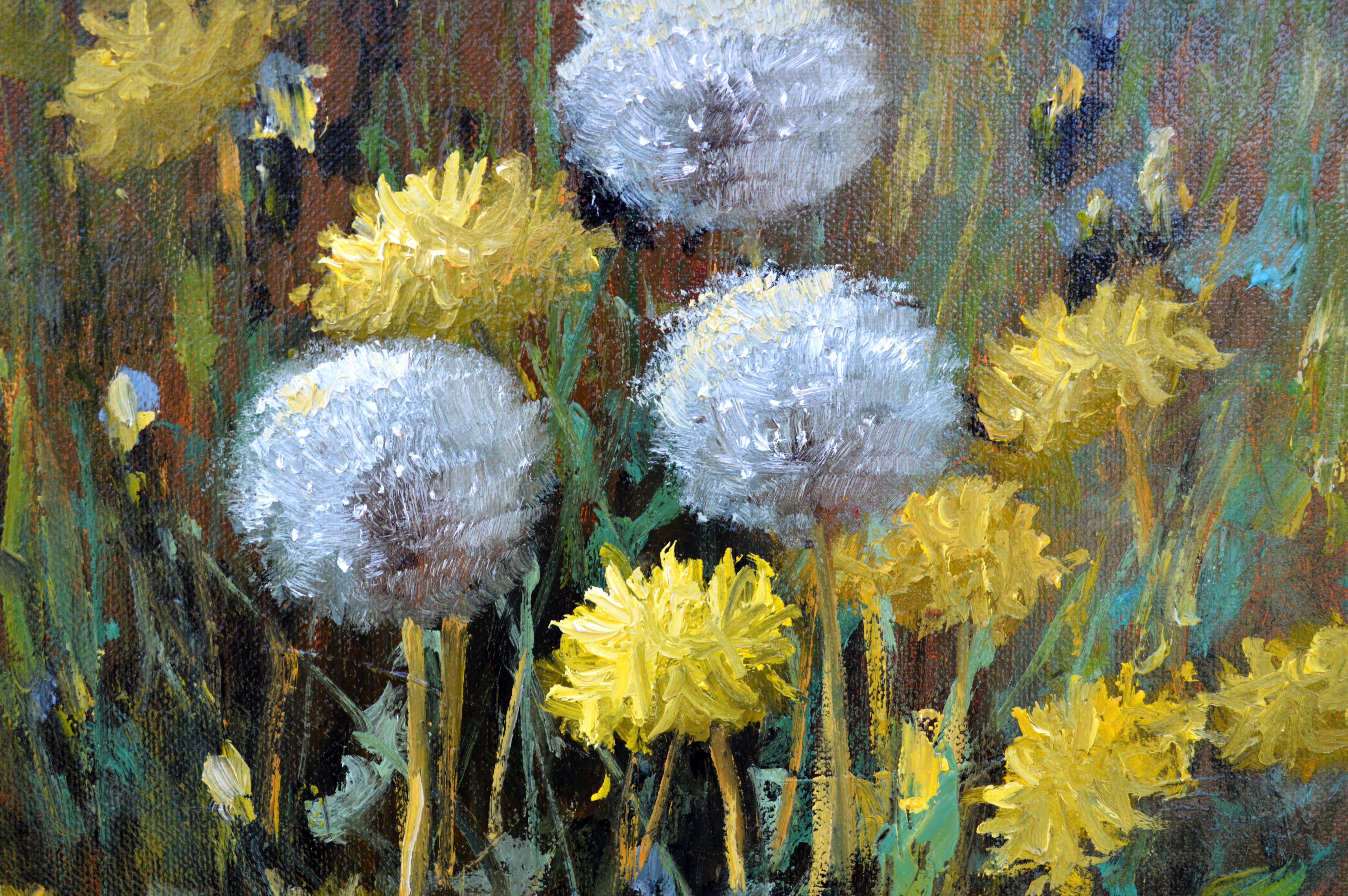 Dandelions in the meadow 30X40 - Painting by Elena Lukina