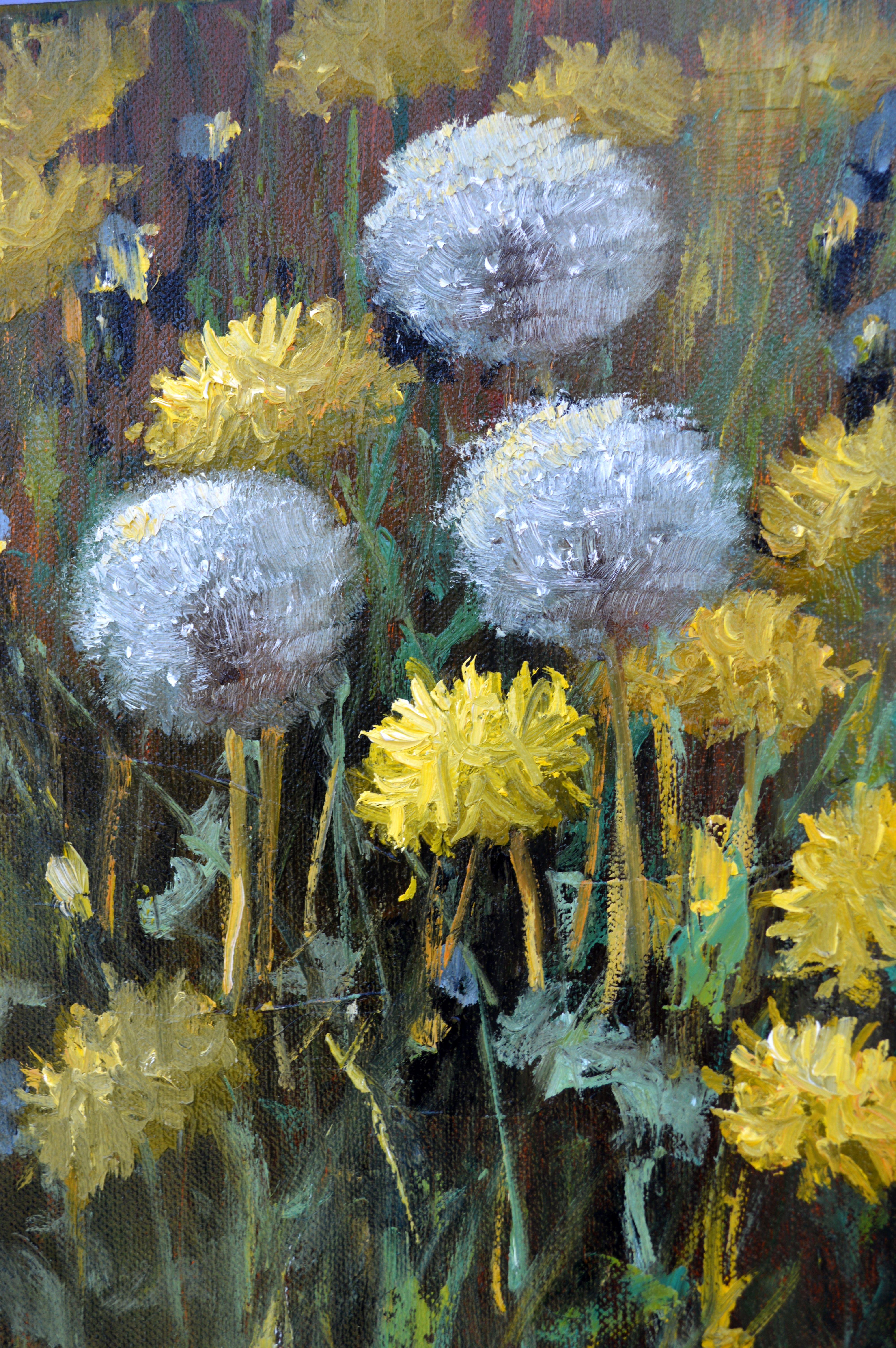 In this oil painting, I sought to capture the delicate interplay between strength and ephemeral beauty. The dandelions, poised against a field of gold and green, embody nature's fleeting moments. My brush strokes carry energy and emotion, creating a