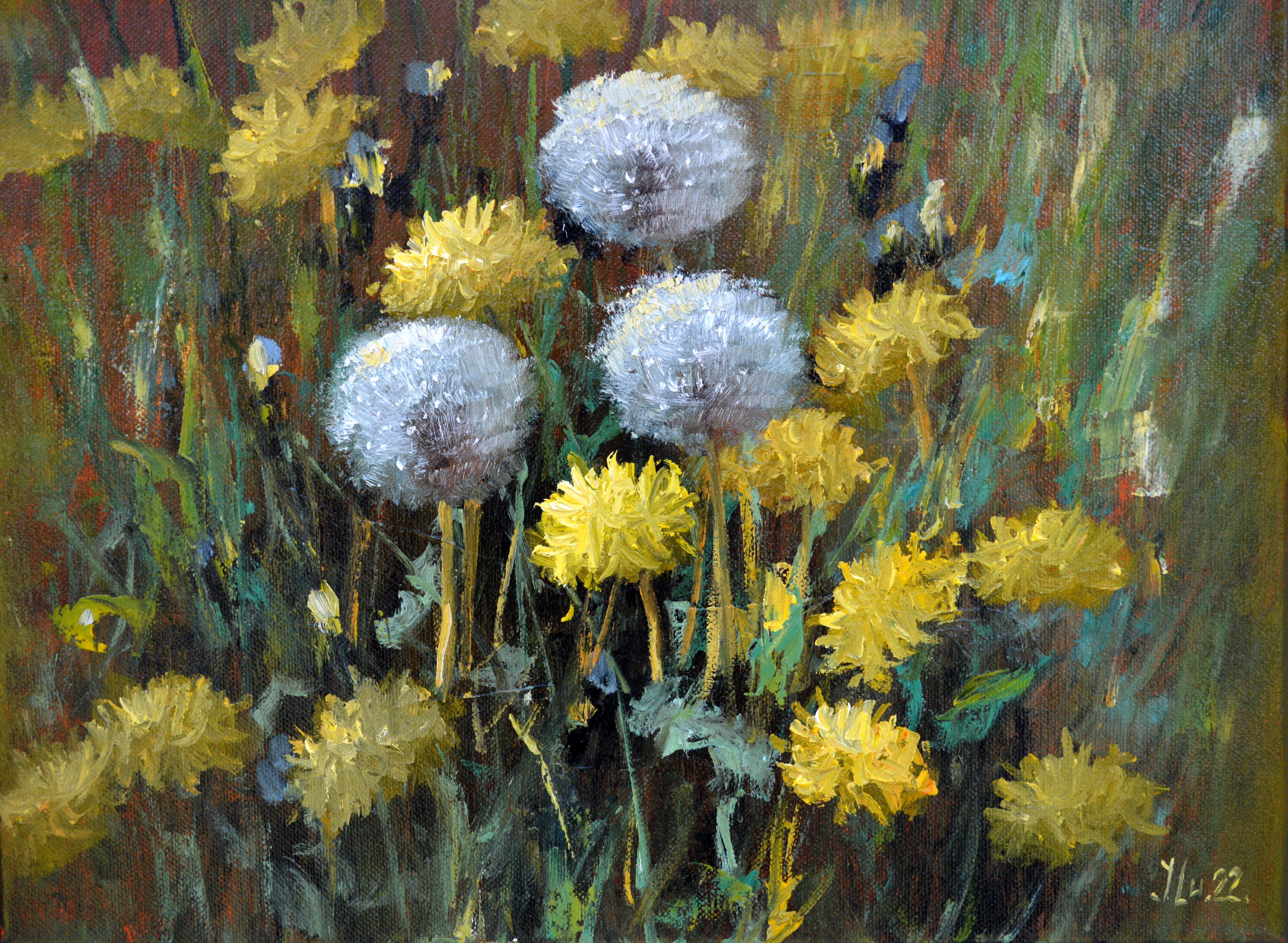 Elena Lukina Landscape Painting - Dandelions in the meadow 30X40