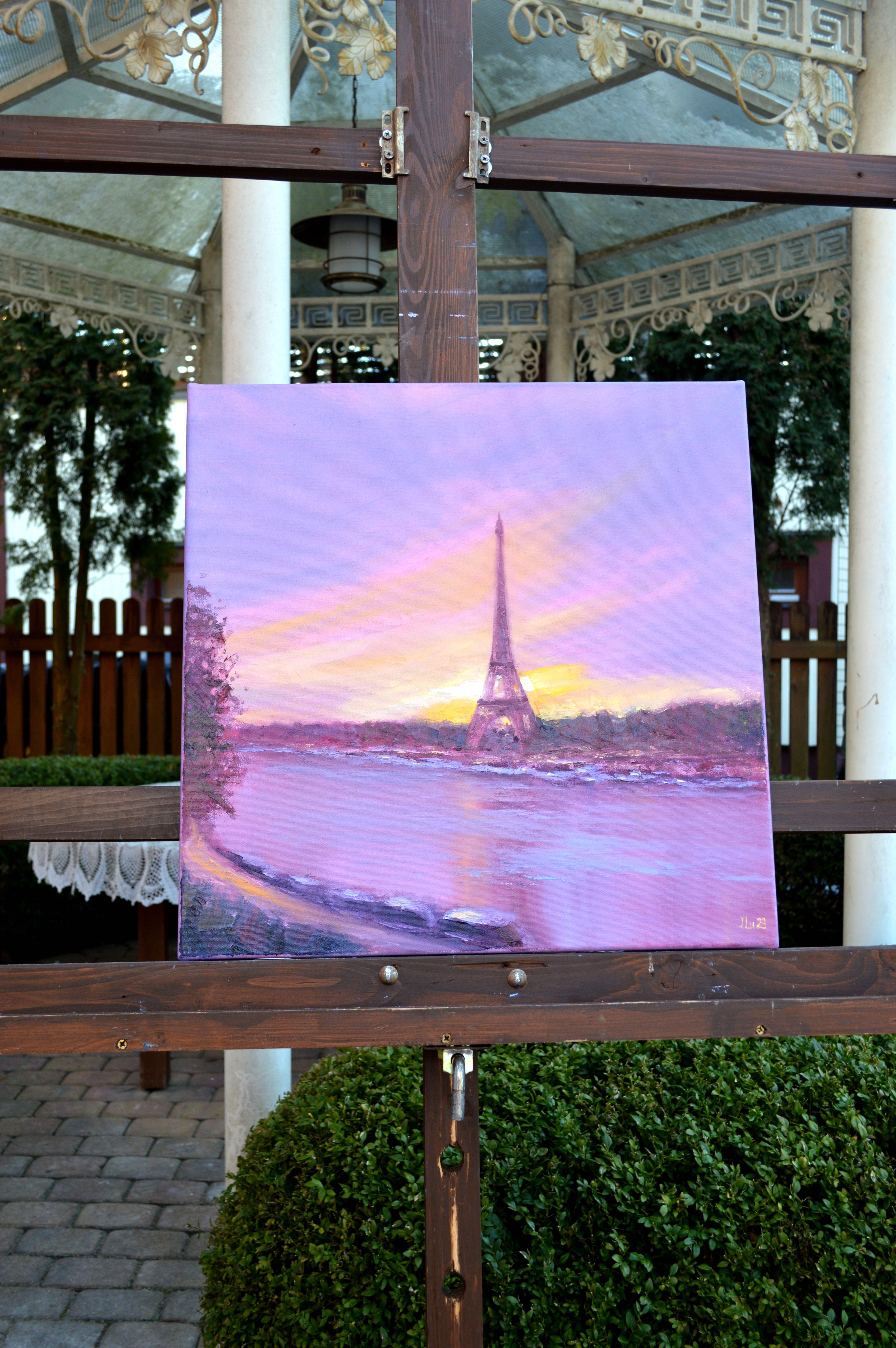 Dawn in Paris, 50X50, Öl auf Leinwand (Violett), Landscape Painting, von Elena Lukina