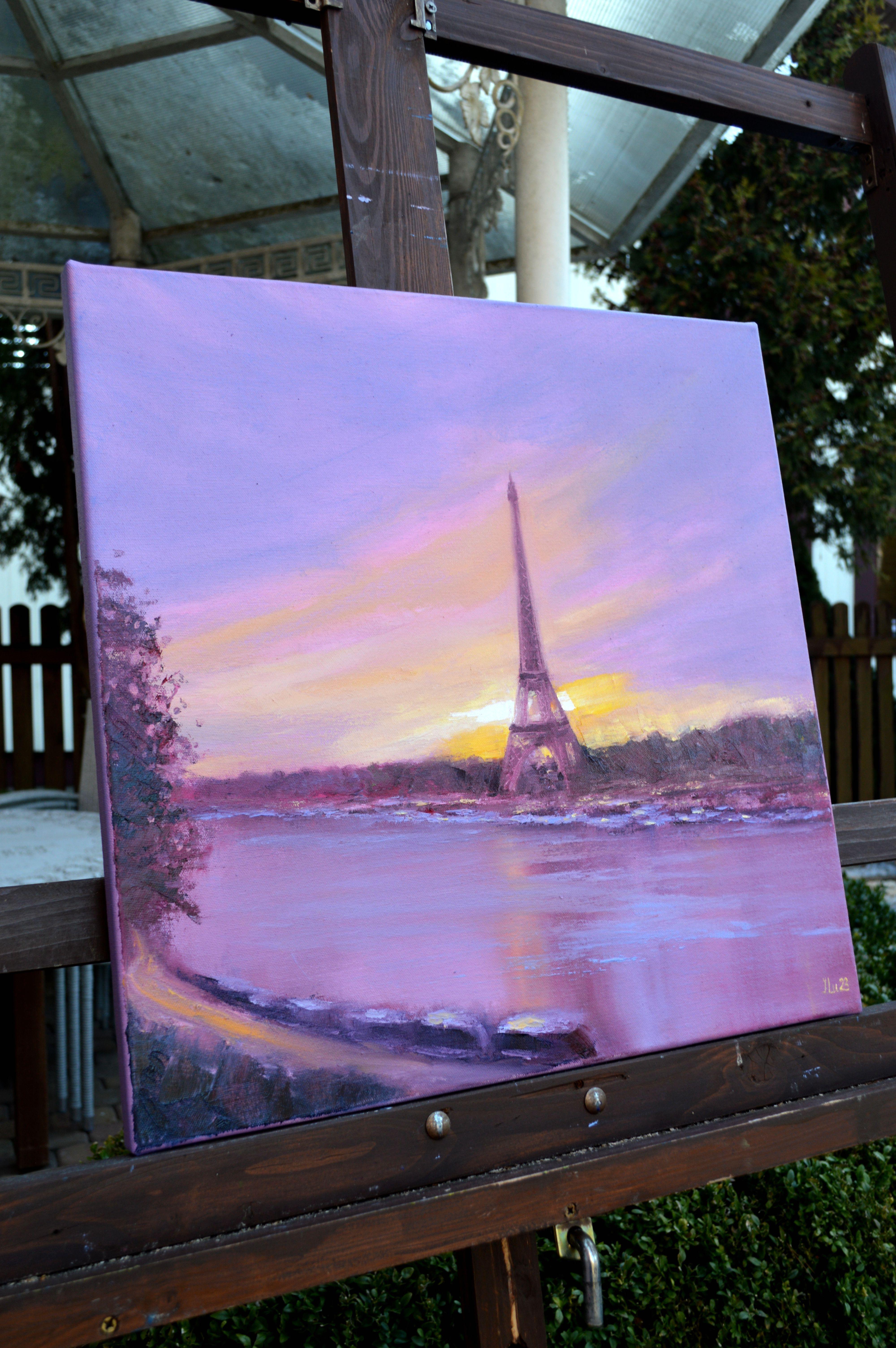 In this vibrant oil painting, I've captured the romance of twilight caressing Paris. My brushstrokes convey the dynamic energy of day giving way to night, as the sky blushes with warm hues. The iconic silhouette of the Eiffel Tower stands sentinel,