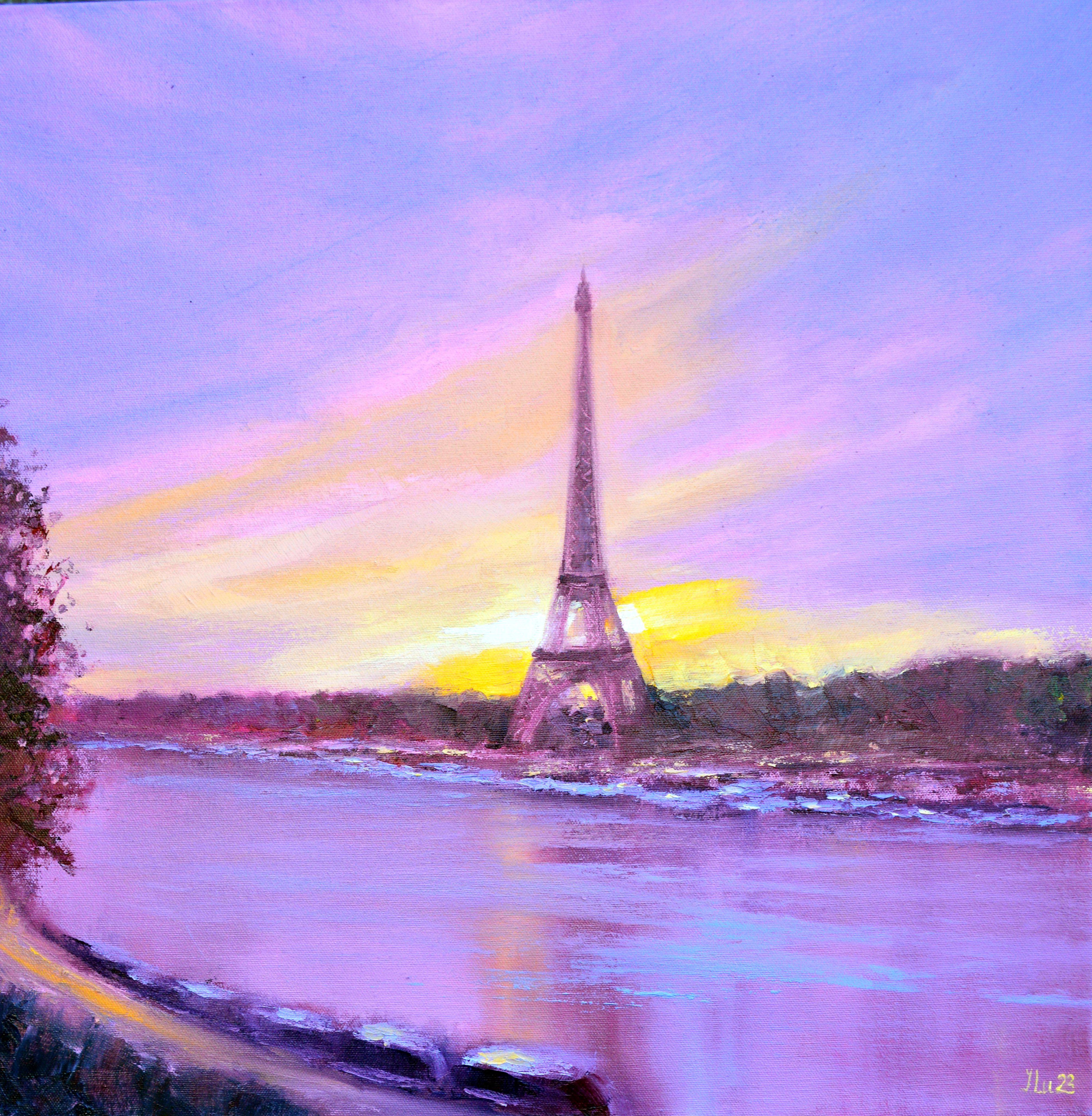 Elena Lukina Interior Painting - Dawn in Paris 50X50 oil on canvas,  PARIS - CITY OF LOVERS
