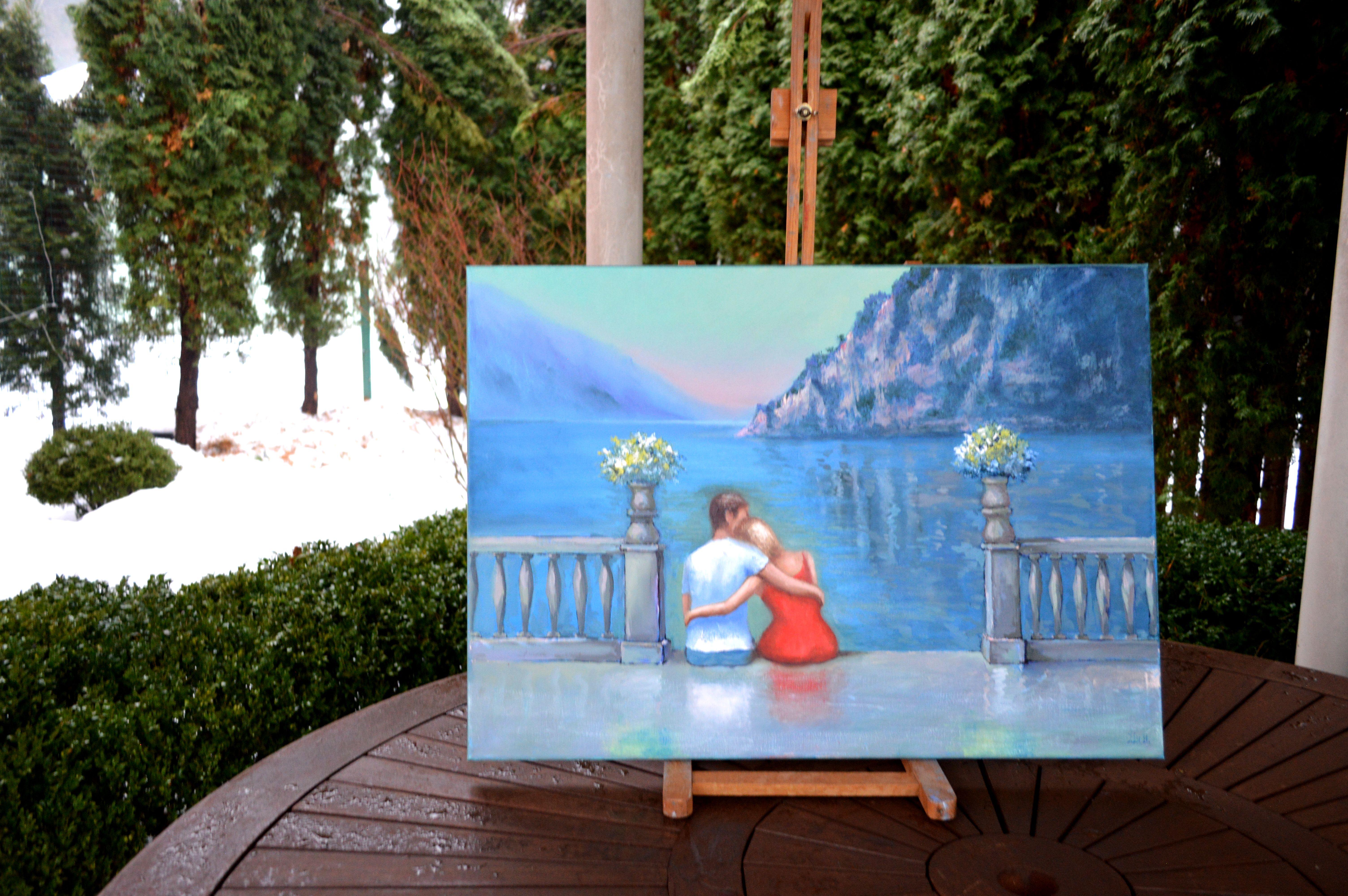 In this oil painting, I've poured my soul into capturing the intimacy of a serene moment shared between two people. The surreal backdrop, blending the majestic beauty of nature with a touch of the ethereal, invites you into a world where love is as