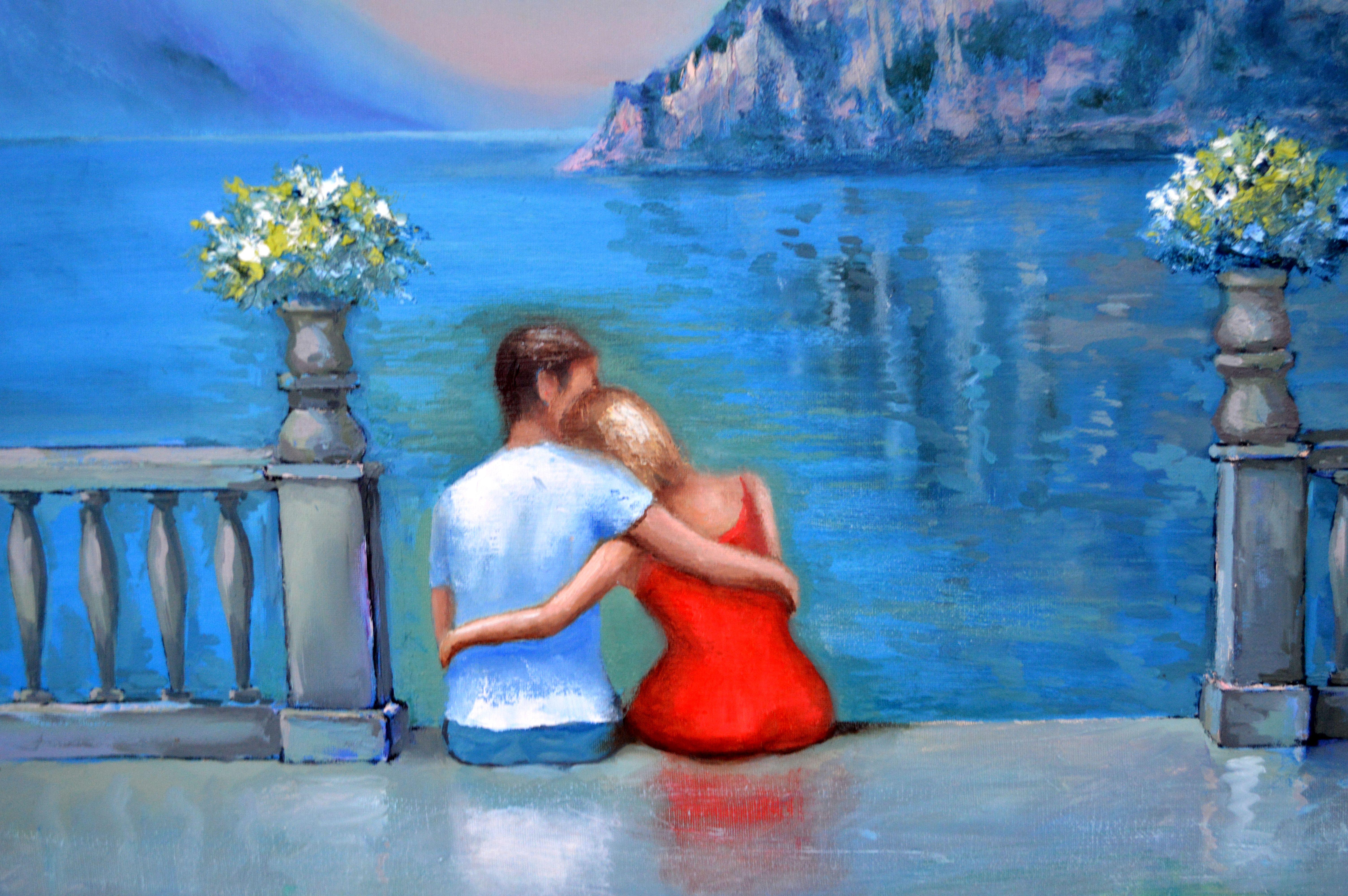 In this oil painting, I've poured my soul into capturing the intimacy of a serene moment shared between two people. The surreal backdrop, blending the majestic beauty of nature with a touch of the ethereal, invites you into a world where love is as
