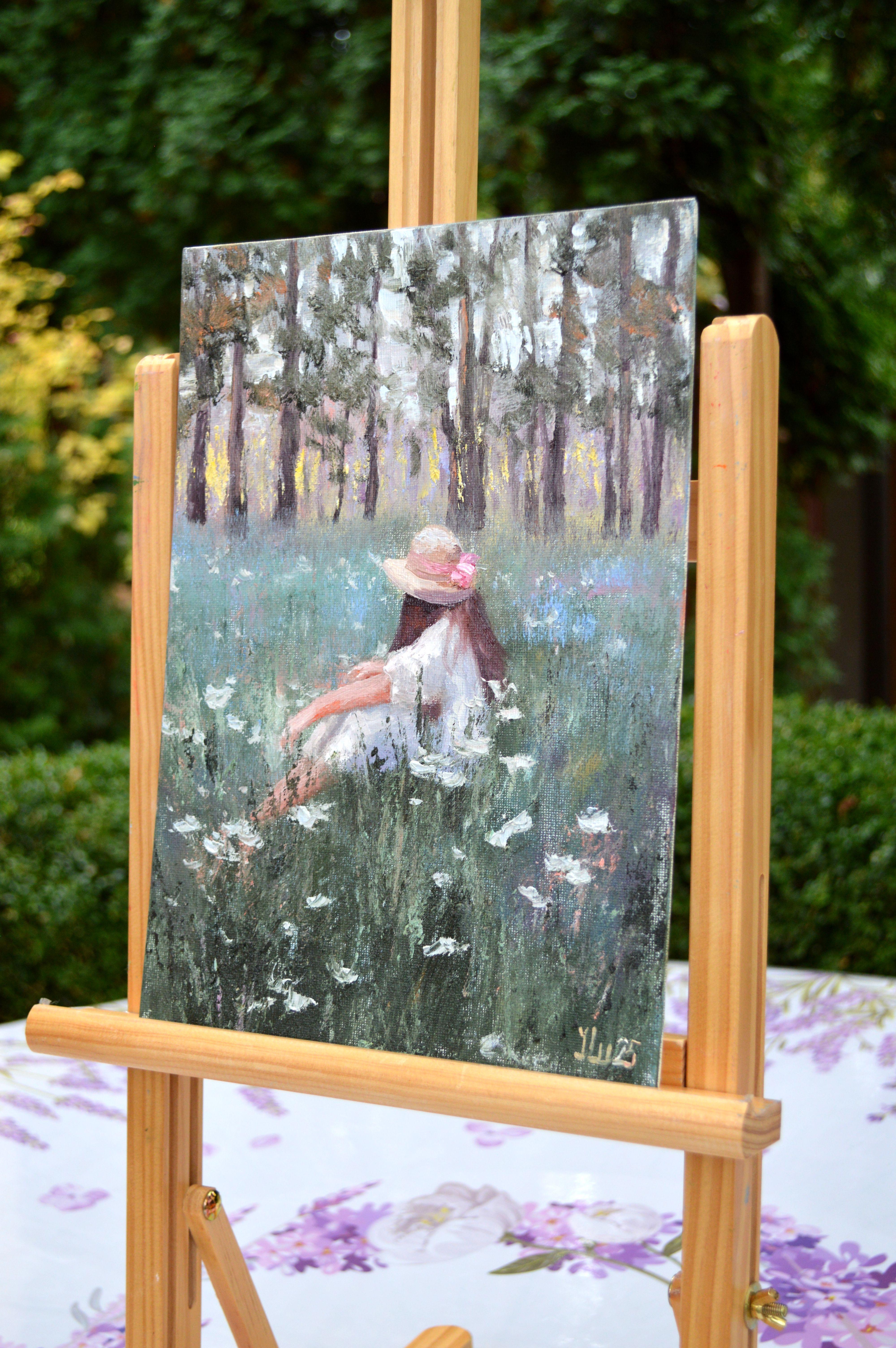 Dreams in the meadow - Gray Figurative Painting by Elena Lukina