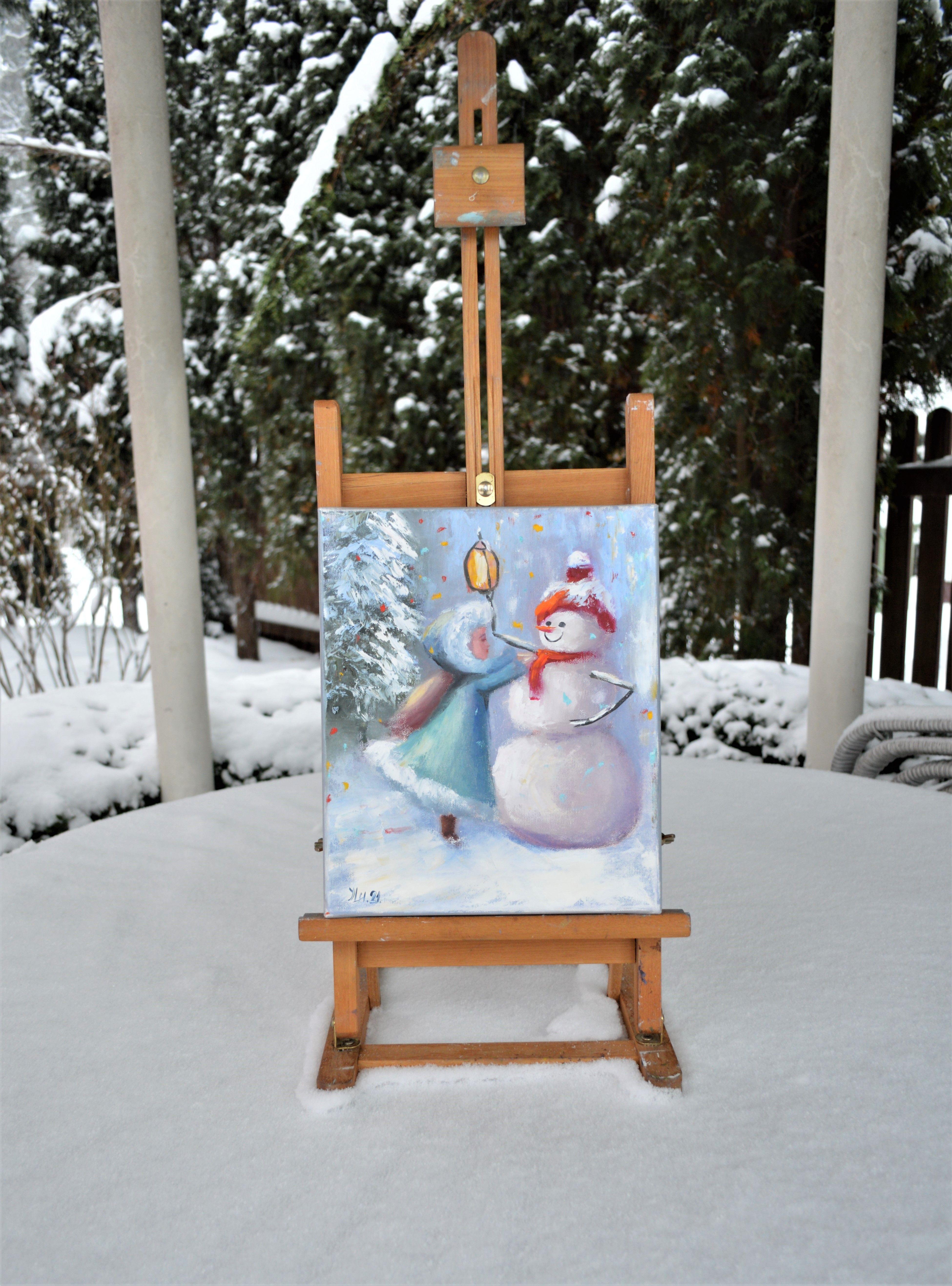 Dress up the snowman! Gift Art 30X25 - Painting by Elena Lukina