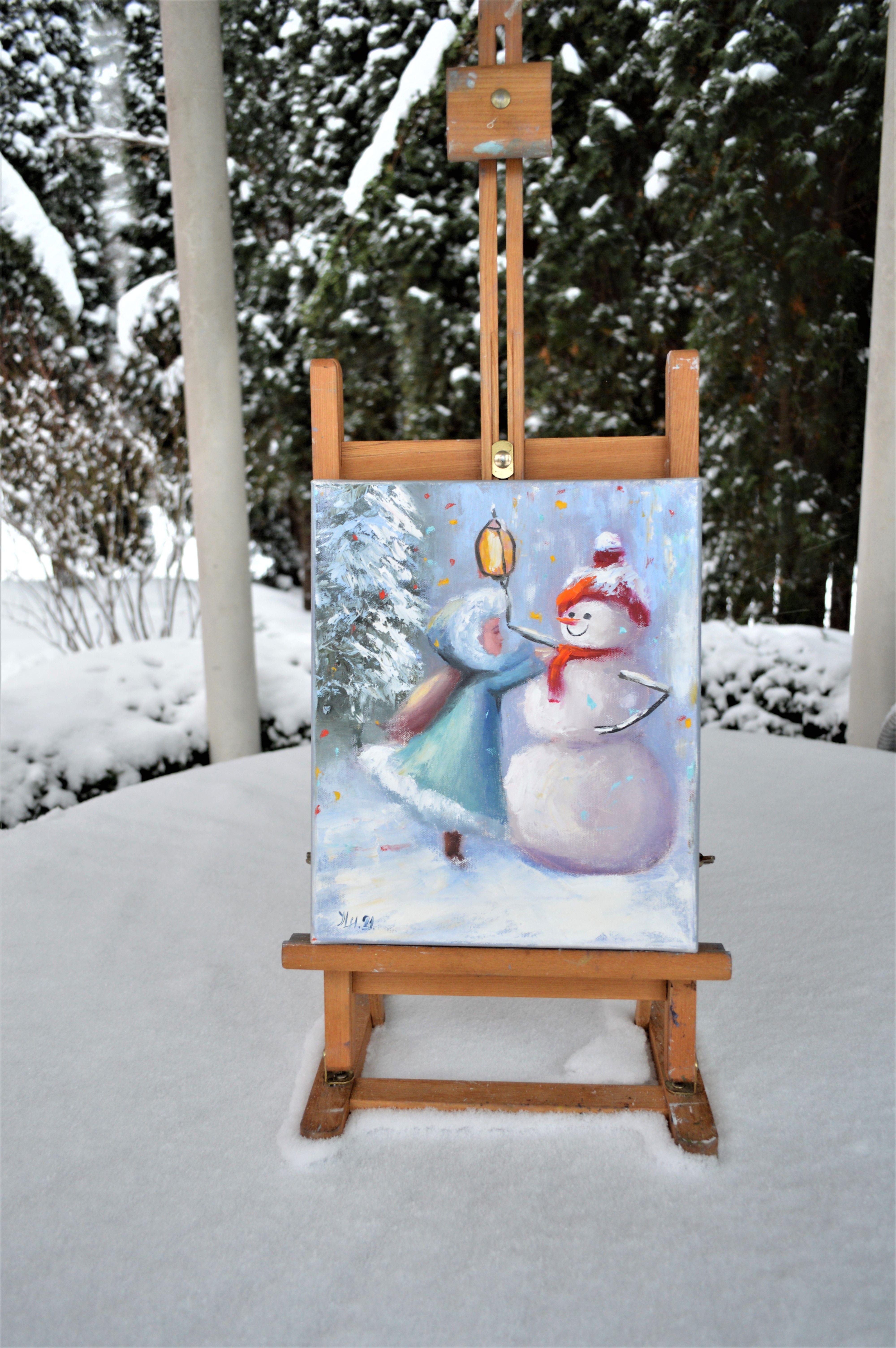 Dress up the snowman! Gift Art 30X25 - Expressionist Painting by Elena Lukina