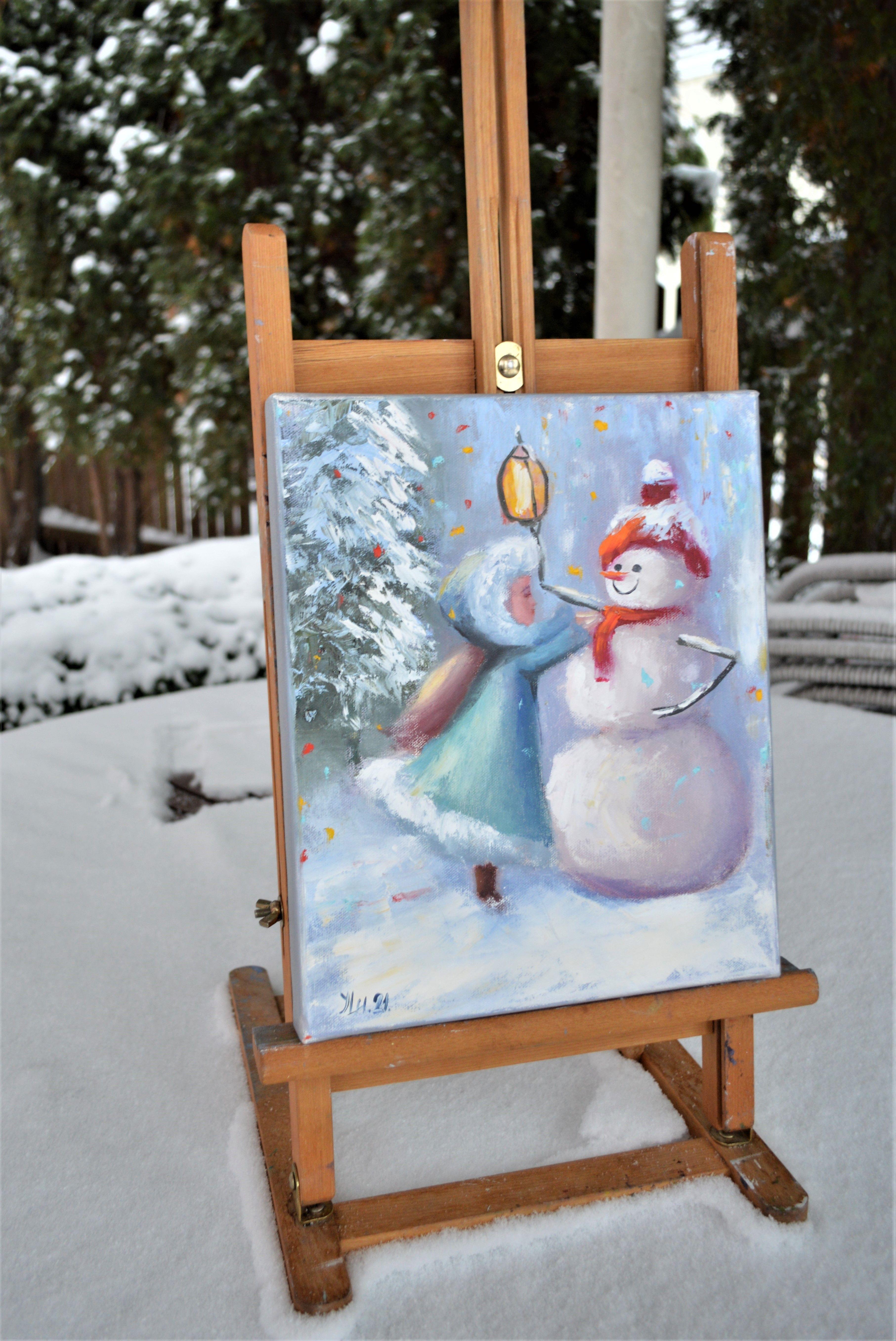 In the embrace of winter's chill, I crafted this oil painting, where vibrant touches of expressionism meet the tender narrative of impressionism. A child's innocent connection with a snowman captures the joyous spirit of the season, evoking warmth
