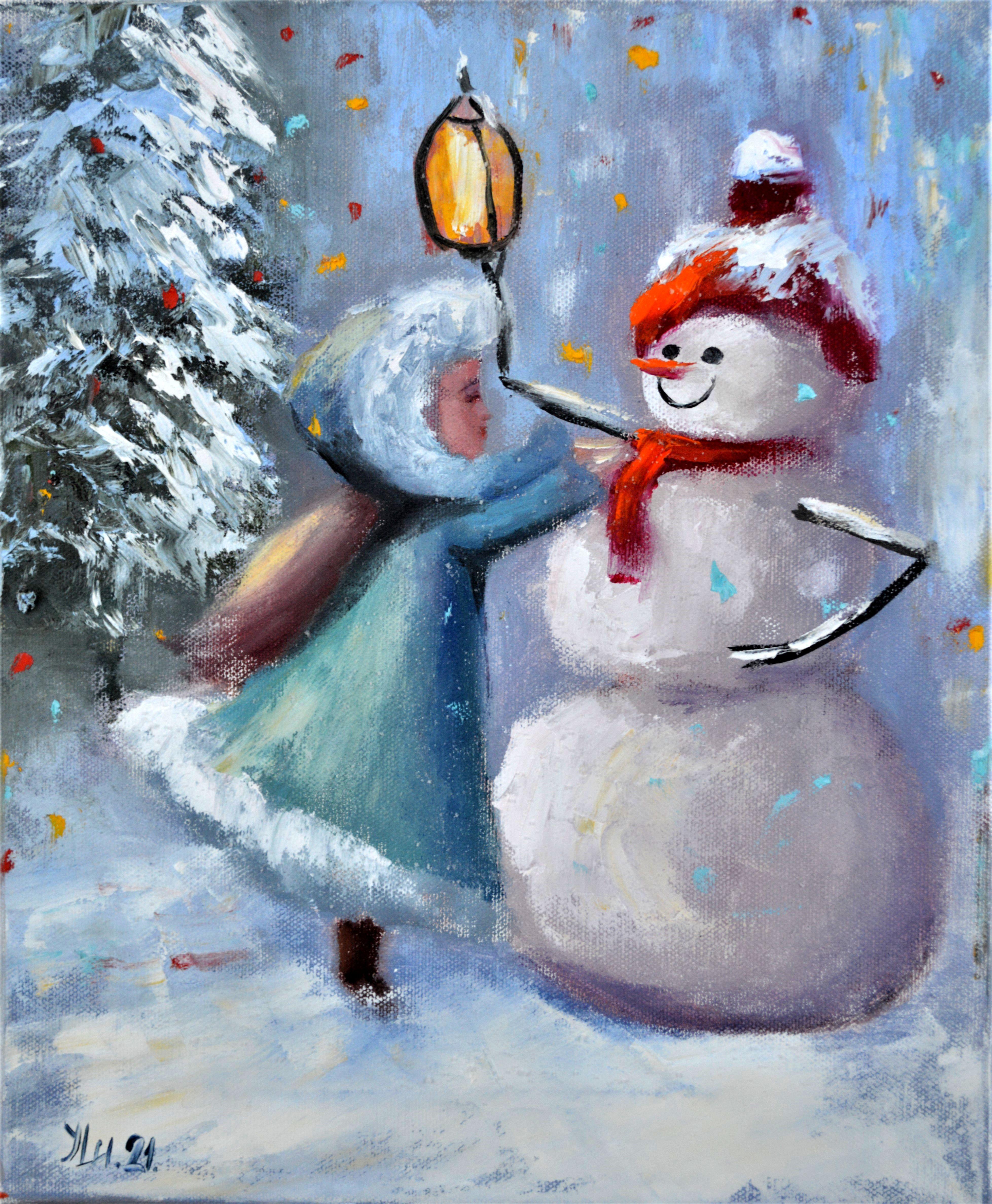 Elena Lukina Landscape Painting - Dress up the snowman! Gift Art 30X25