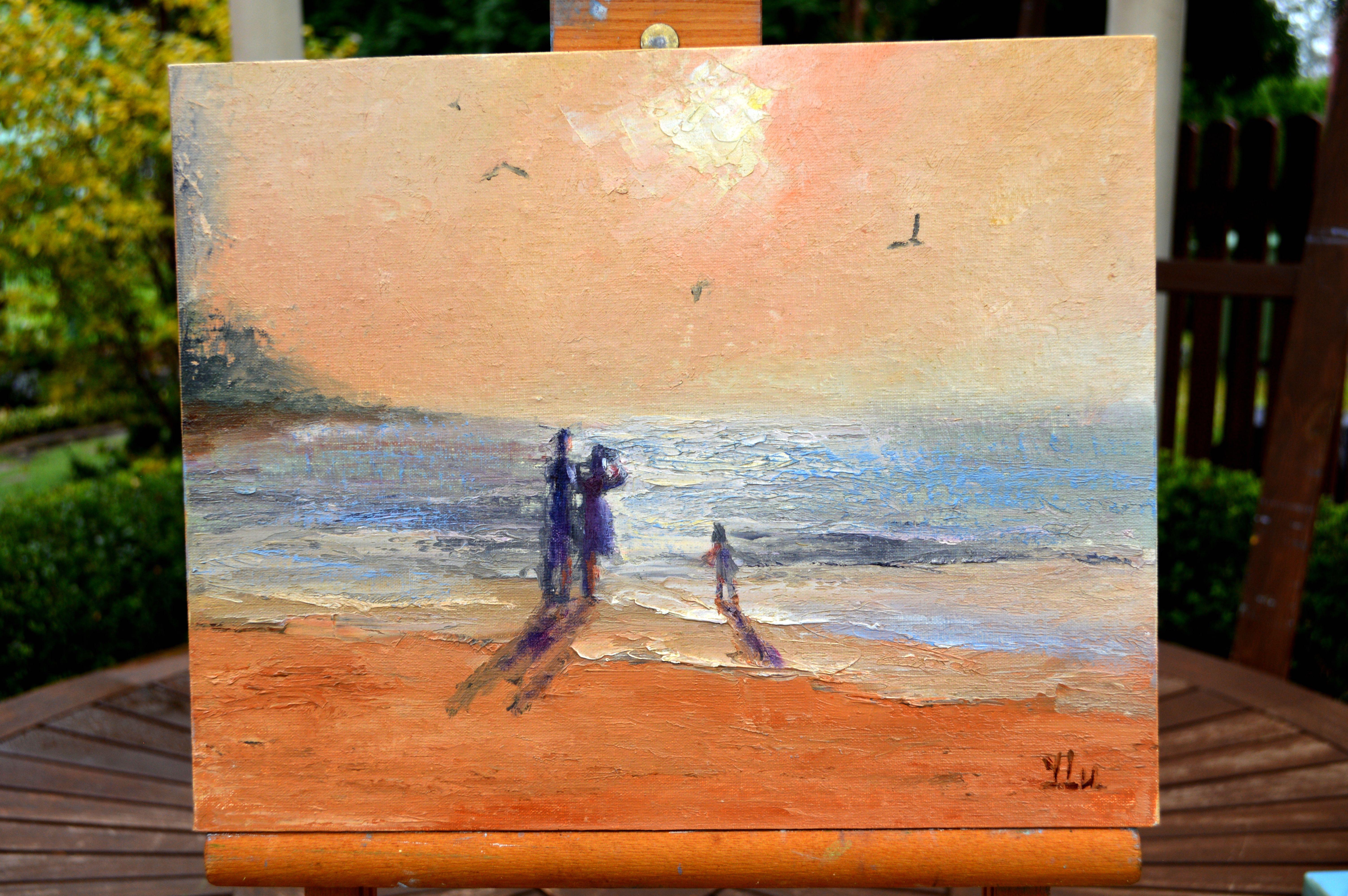 In creating this piece, I strove to capture the fleeting beauty of a sunset beach scene, emphasizing the deep, emotional connection between the figures and the vast, soothing expanse of the ocean. I applied oil paints in expressive strokes, blending