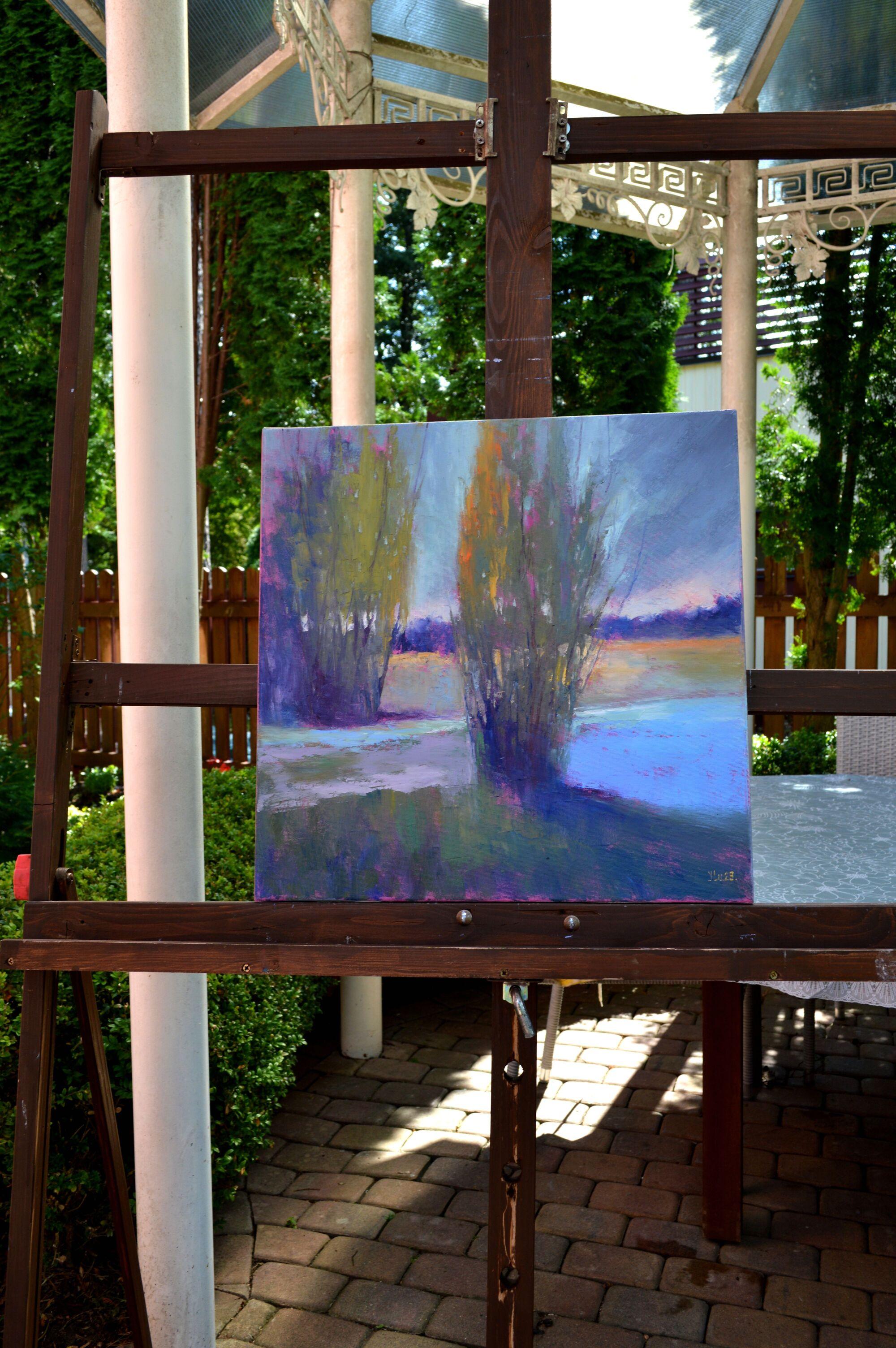 Abendfarben des Flusses am Fluss – Painting von Elena Lukina