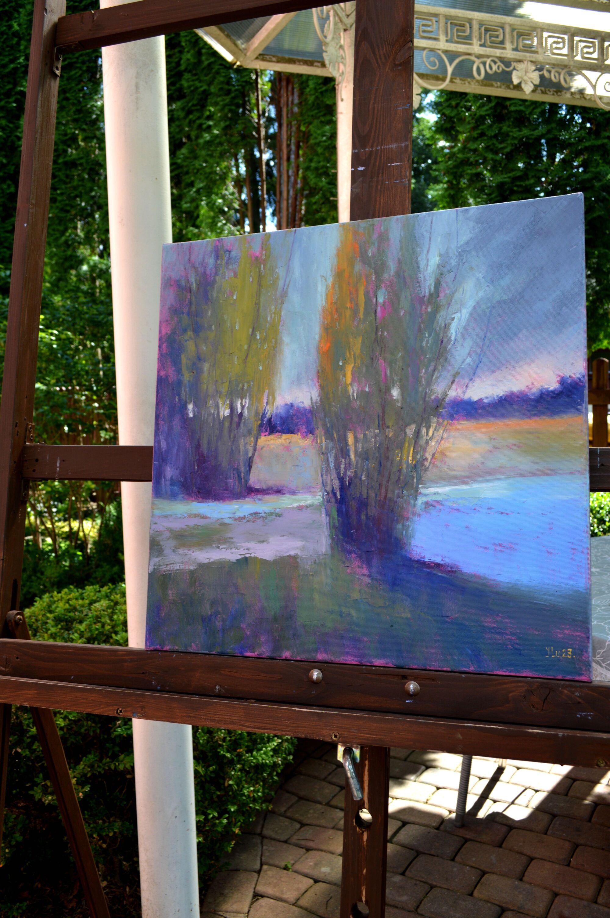 Abendfarben des Flusses am Fluss (Expressionismus), Painting, von Elena Lukina