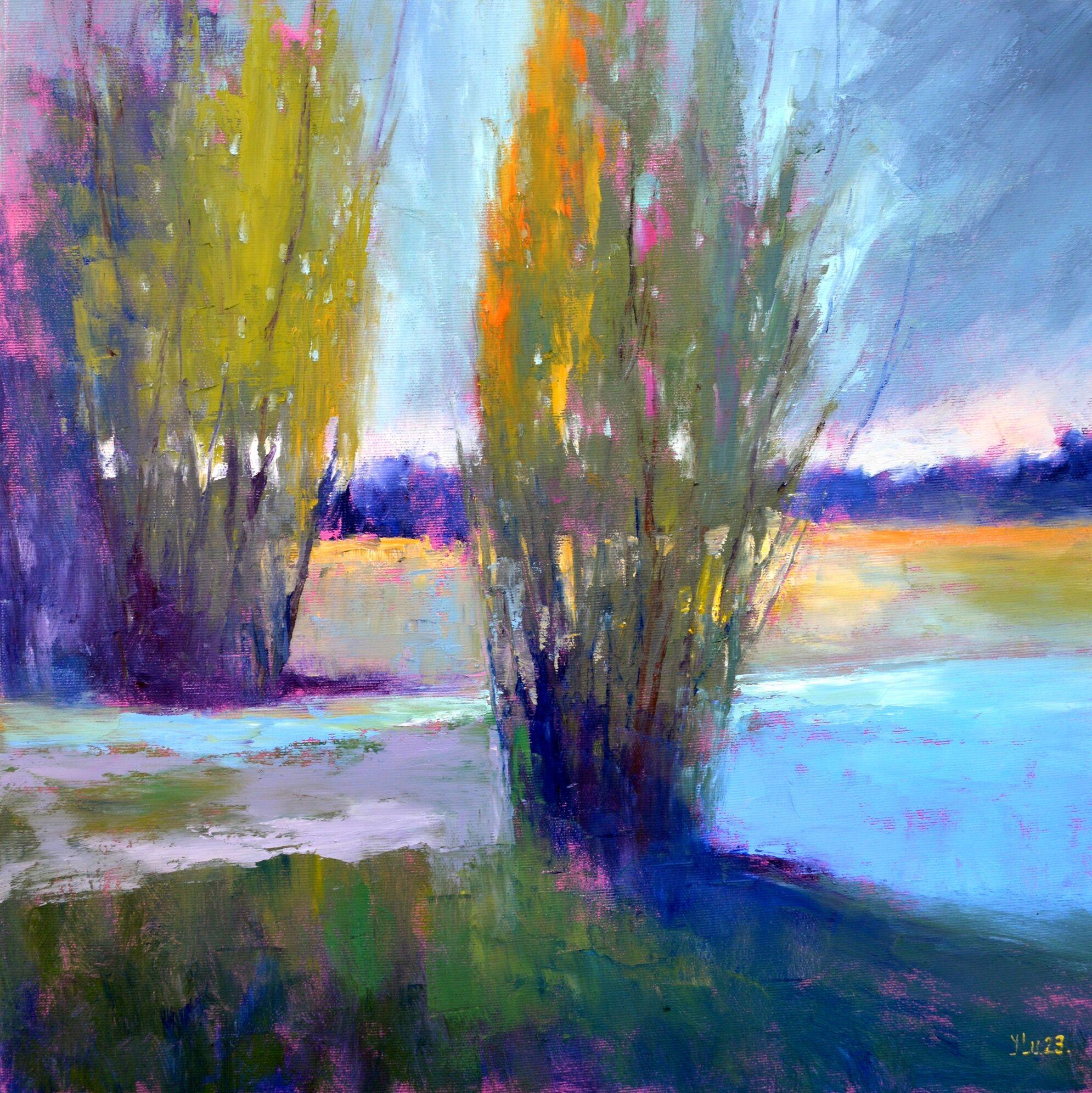 Elena Lukina Landscape Painting – Abendfarben des Flusses am Fluss
