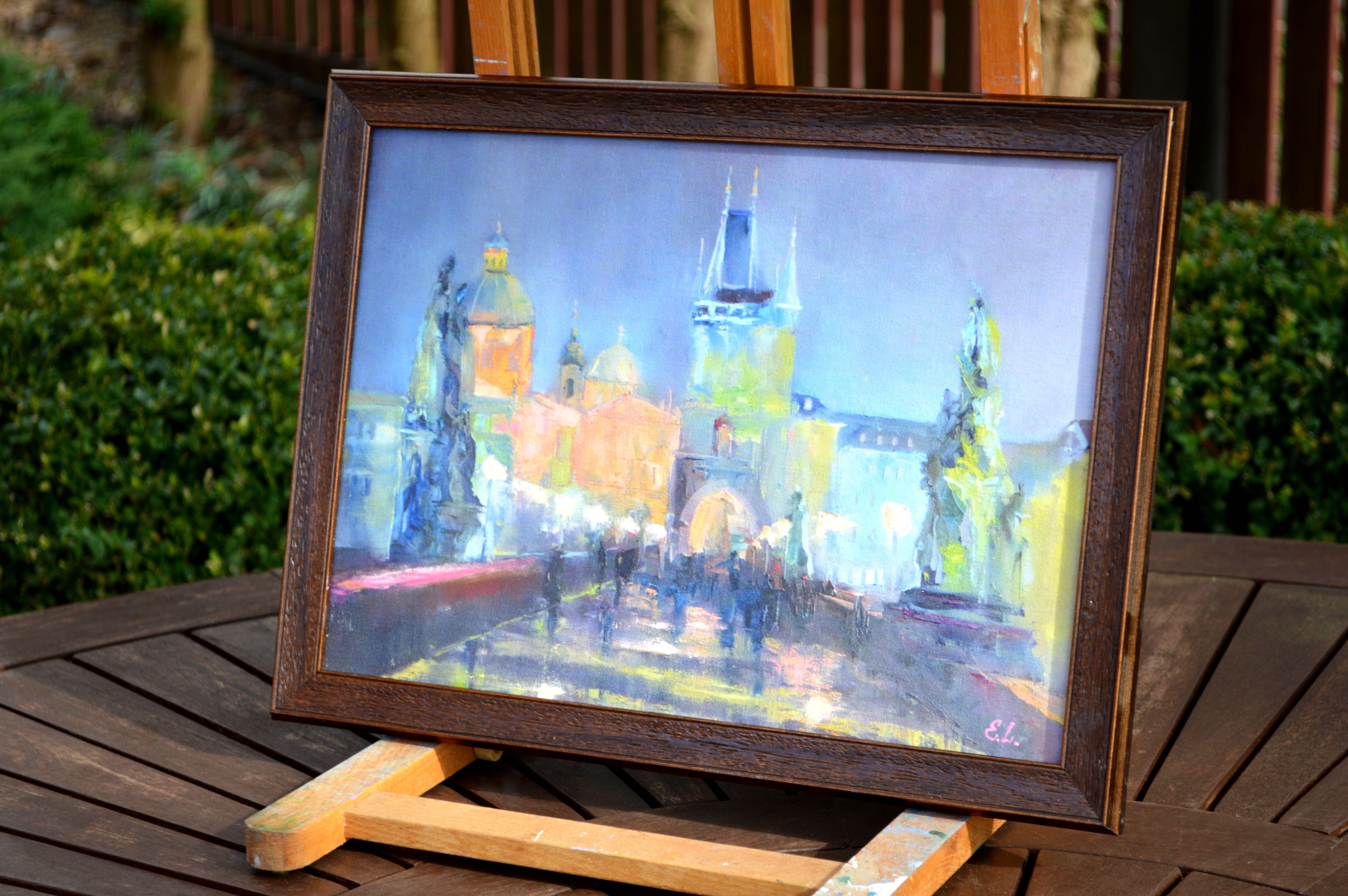 Luces nocturnas de Praga. El Puente de Carlos. - Painting Expresionista de Elena Lukina