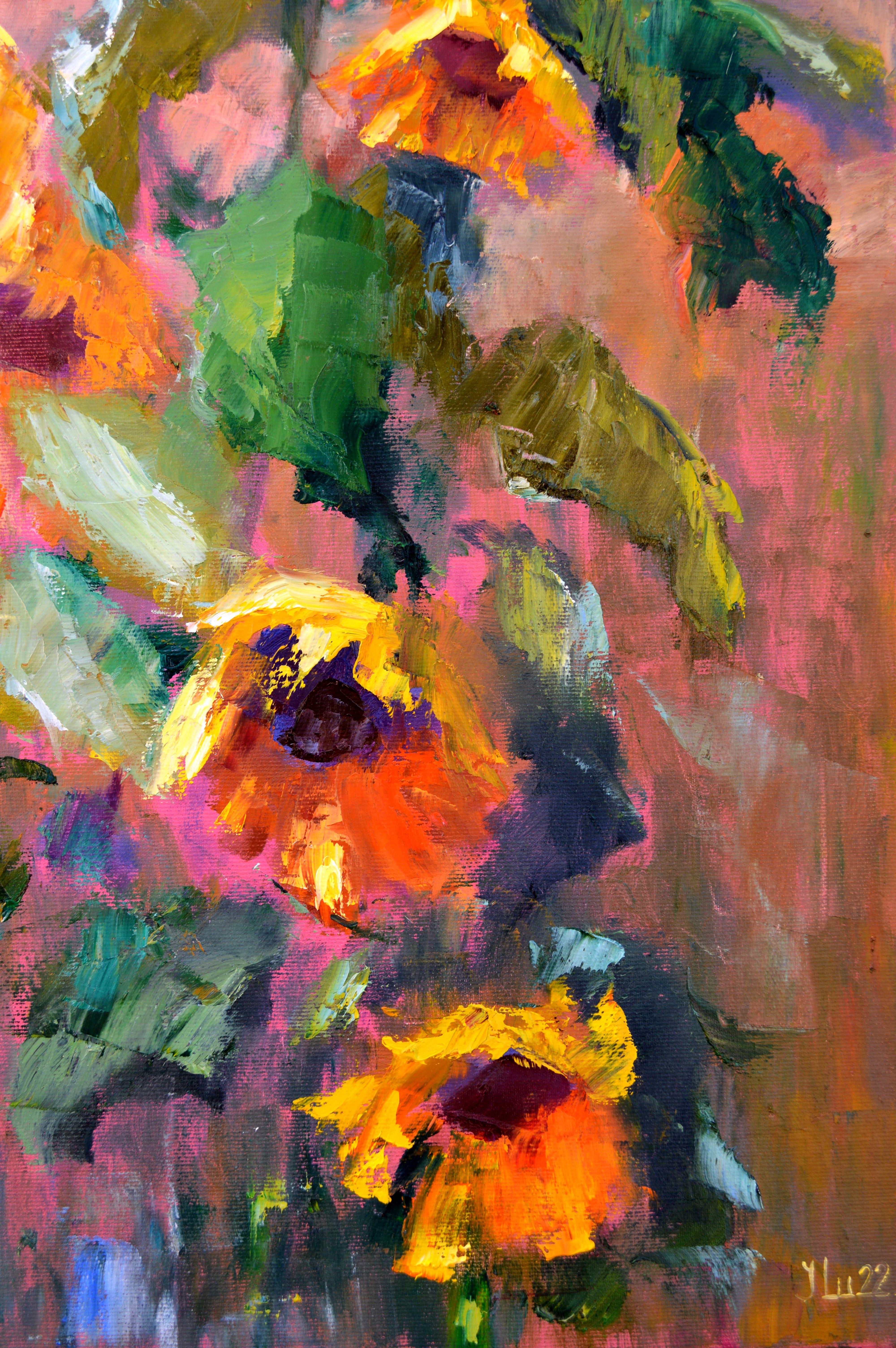 Expression mit Sonnenblumen 50X50 – Painting von Elena Lukina