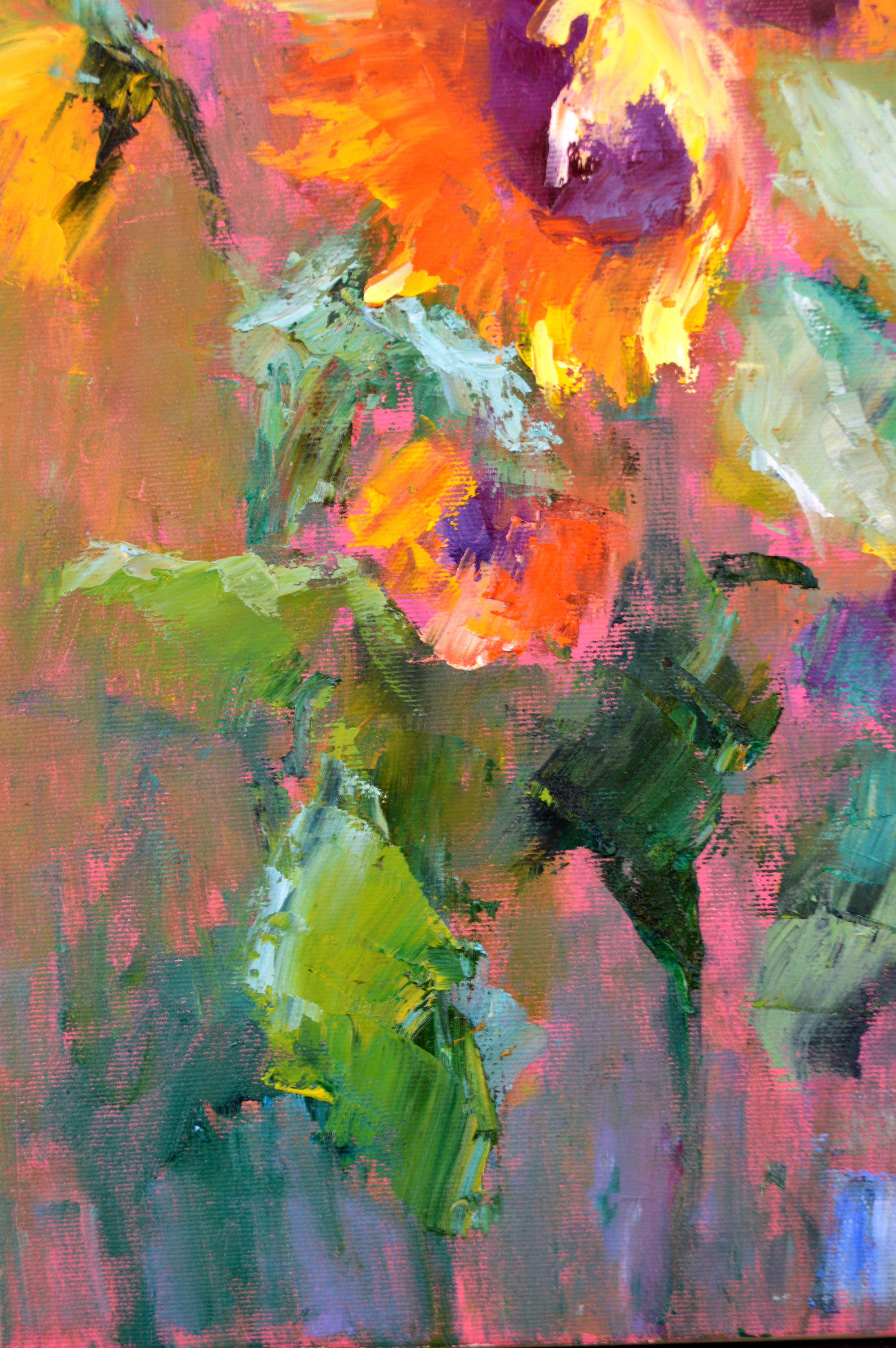 Expression mit Sonnenblumen 50X50 (Braun), Landscape Painting, von Elena Lukina