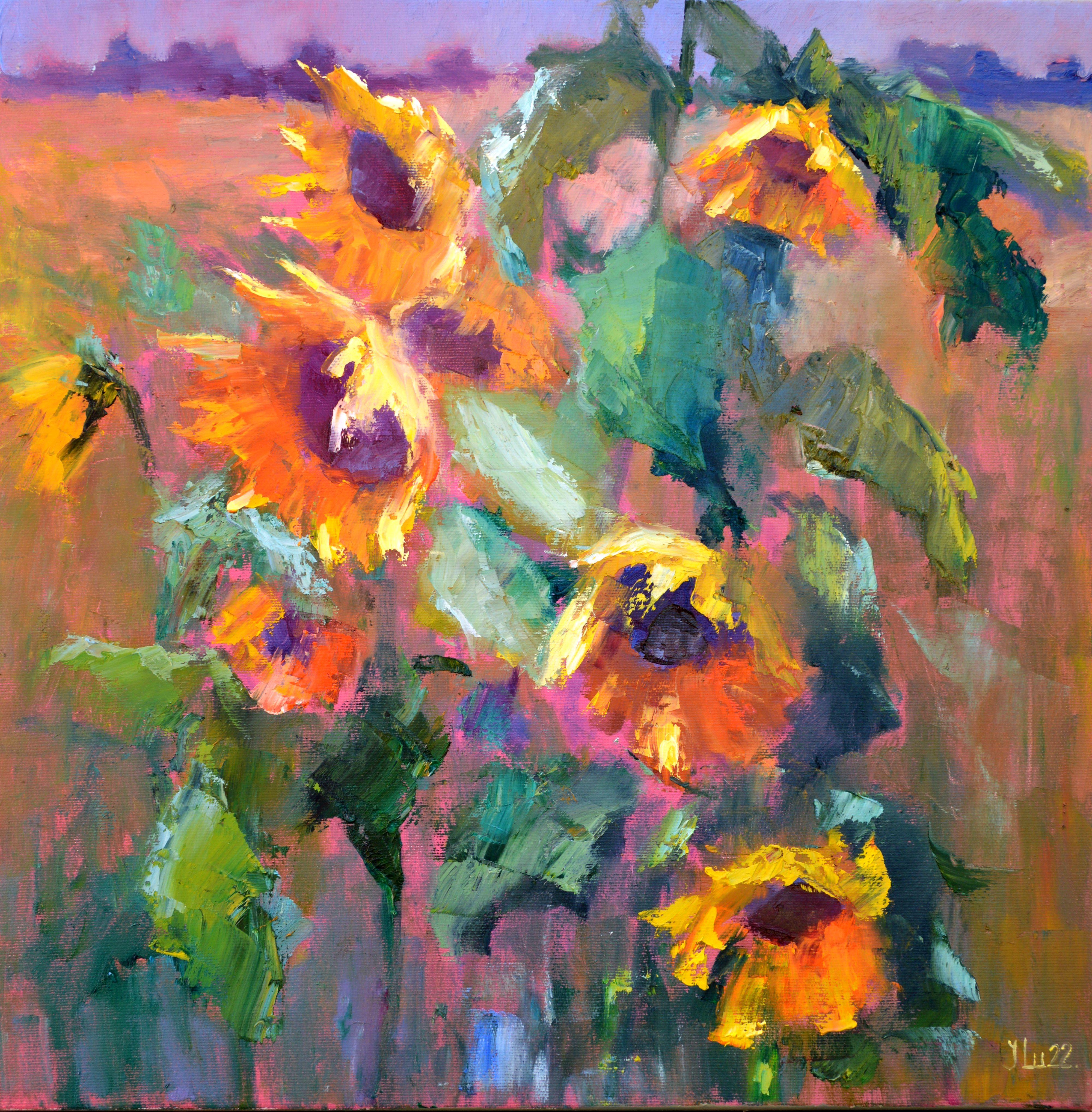 Elena Lukina Landscape Painting – Expression mit Sonnenblumen 50X50