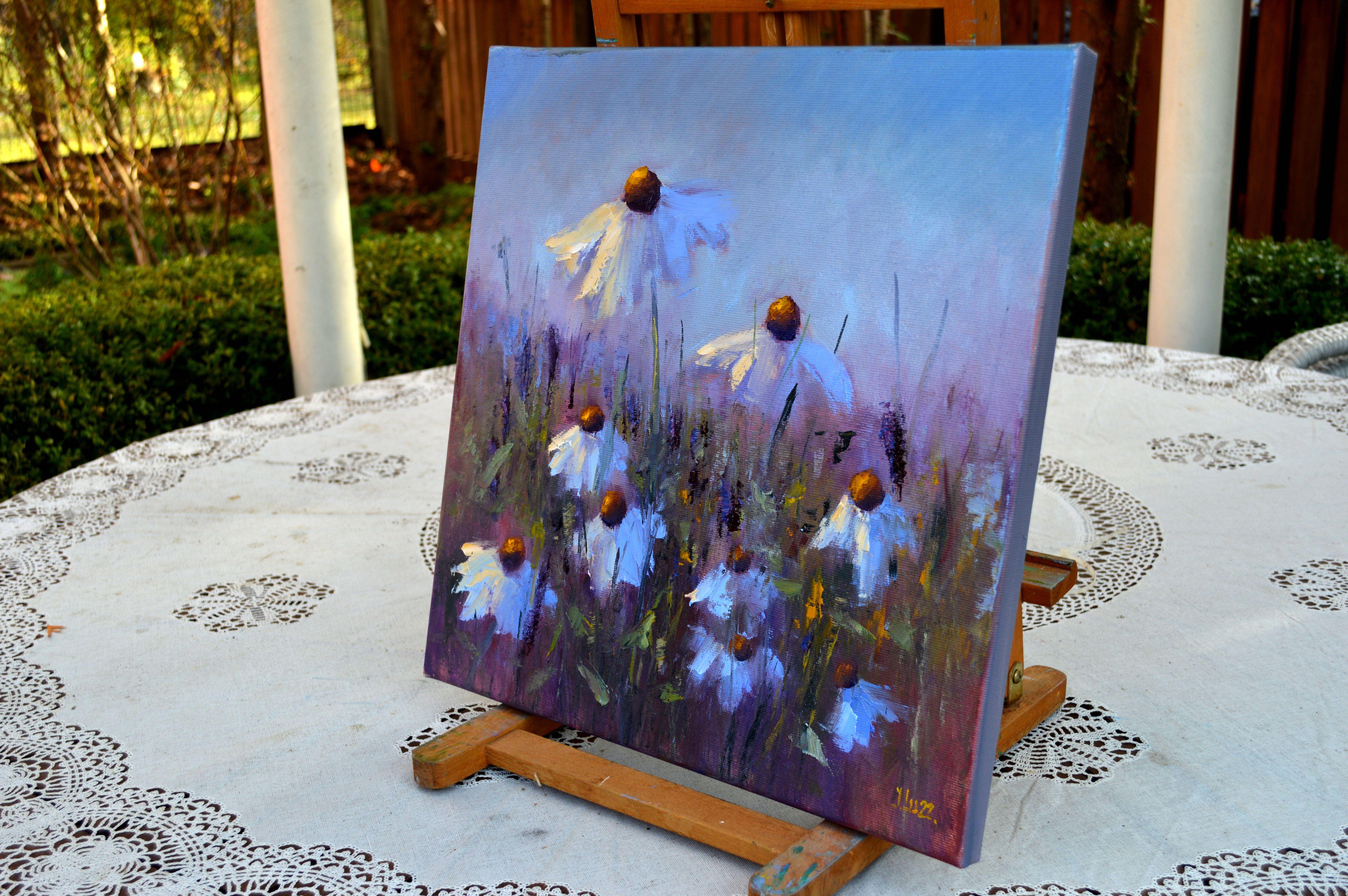 Field Daisies - Blue Landscape Painting by Elena Lukina