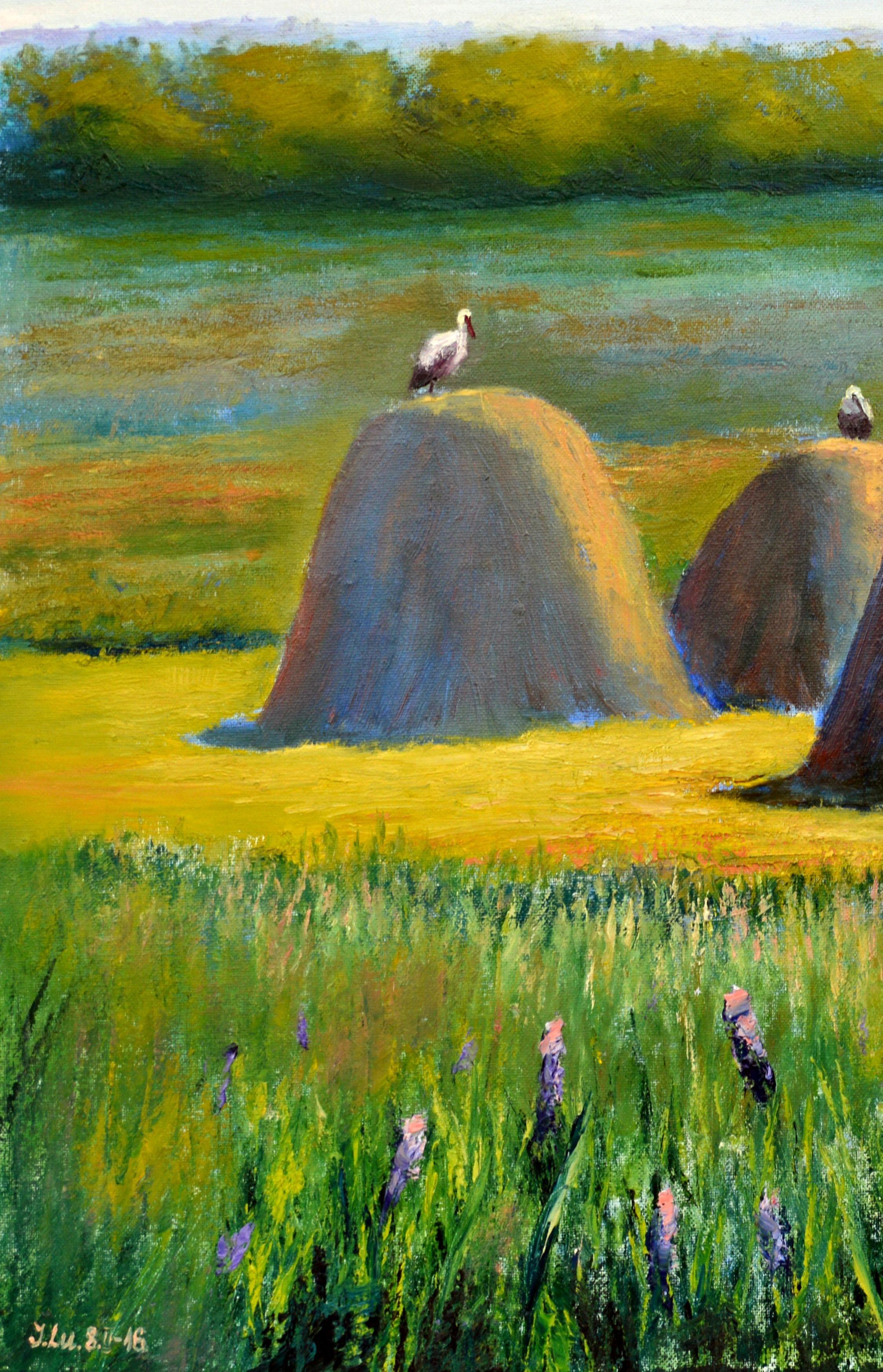 Elaborada con óleo sobre lienzo, mi expresión de la sinfonía de la naturaleza cobra vida. La esencia de la serenidad pastoral se capta con un toque impresionista, pues la quietud de los pajares contrasta con la vitalidad de su público aviar. Cada