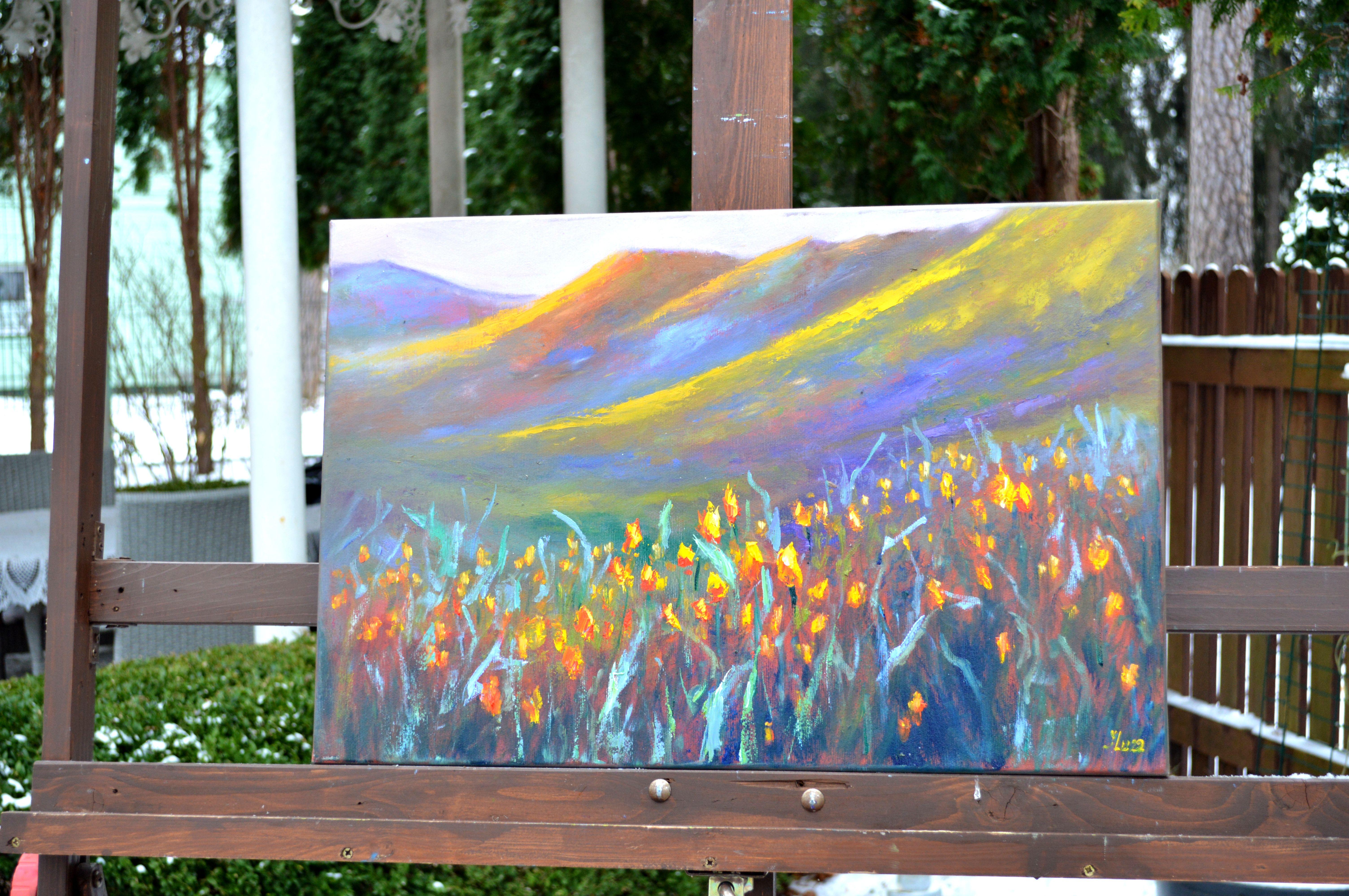 Champ de tulipes sauvages - Painting de Elena Lukina