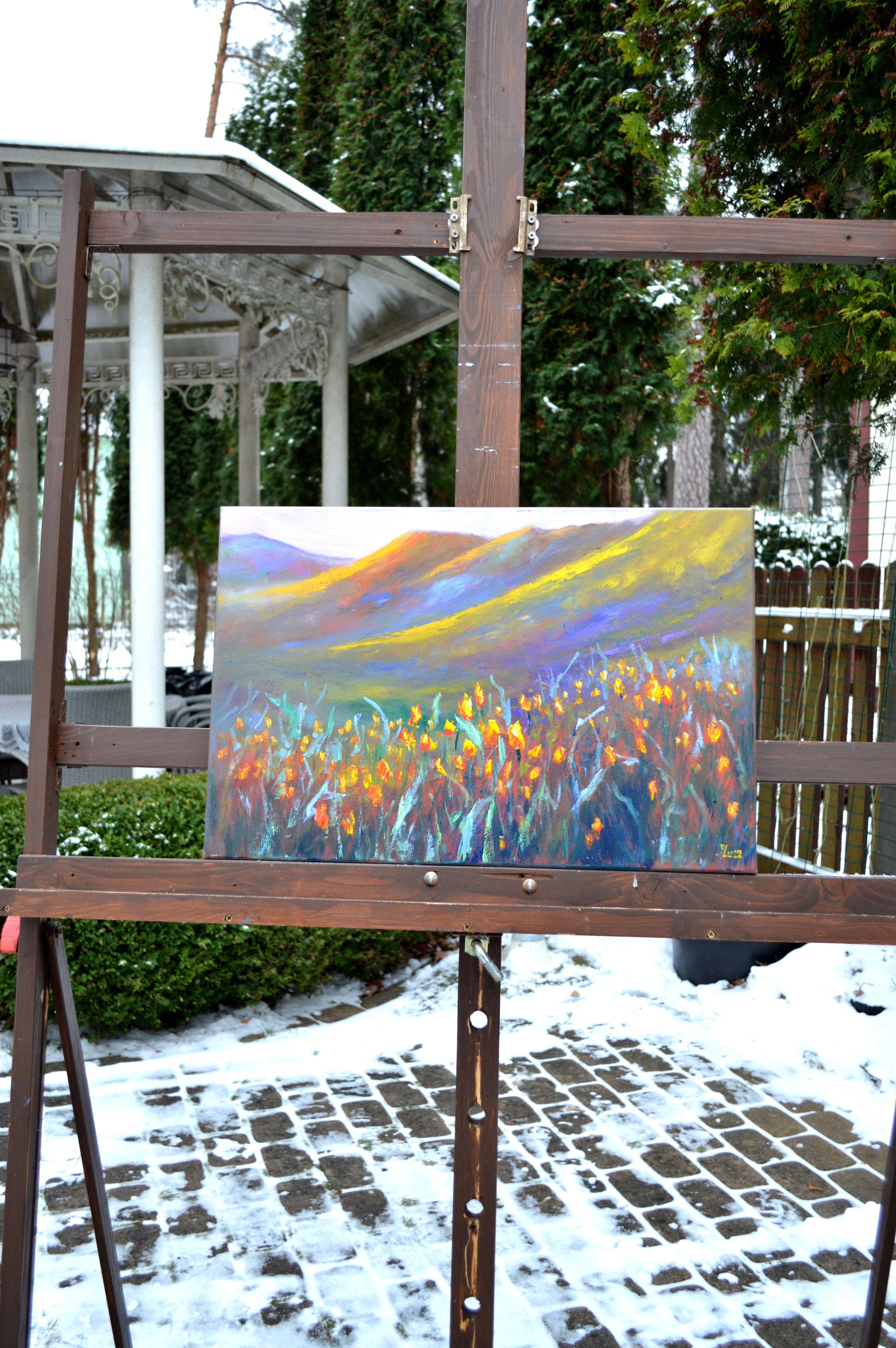 Champ de tulipes sauvages - Expressionniste Painting par Elena Lukina
