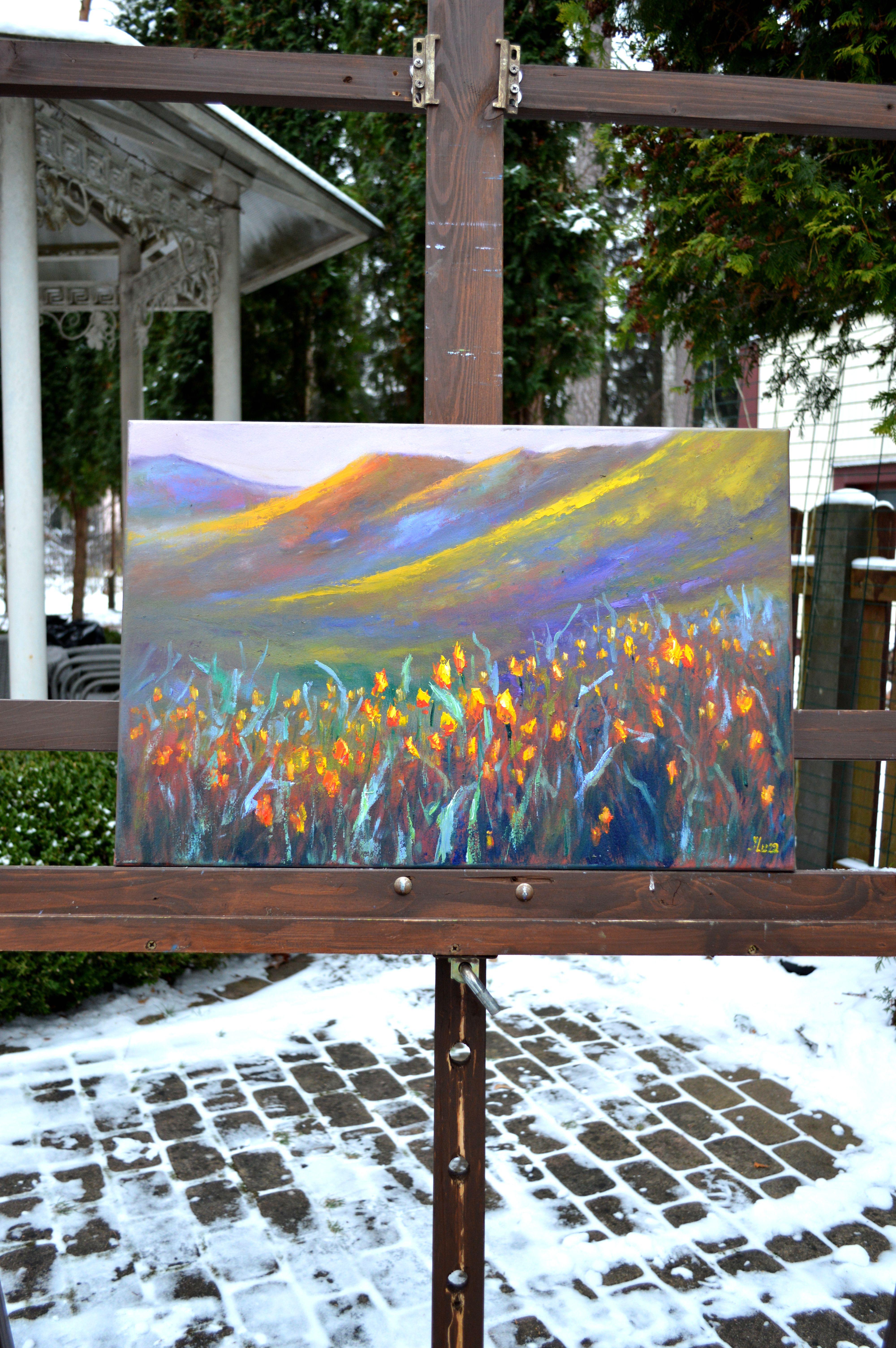 Champ de tulipes sauvages - Gris Interior Painting par Elena Lukina
