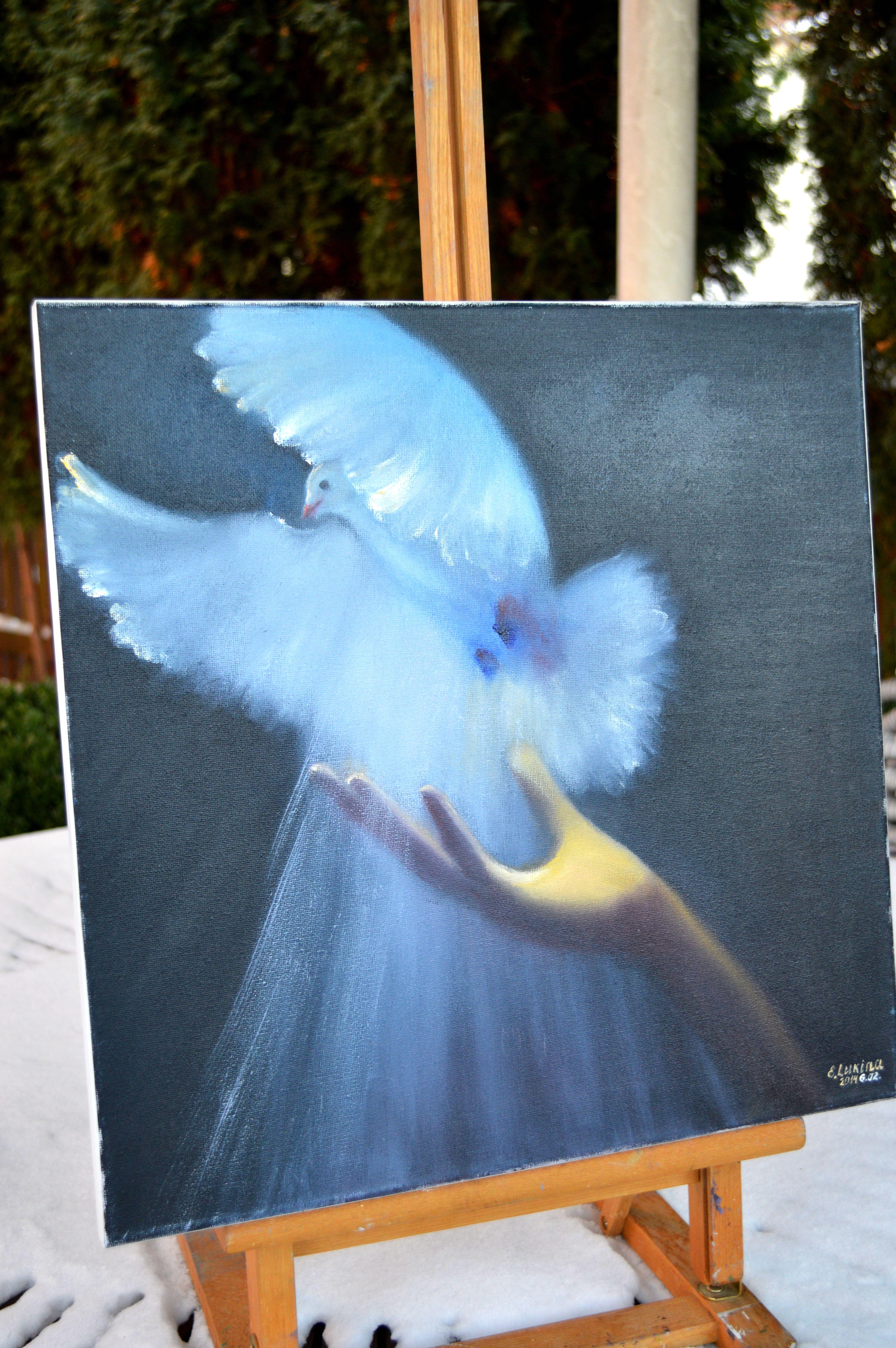Fly! 40X40 Öl auf Leinwand (Blau), Interior Painting, von Elena Lukina