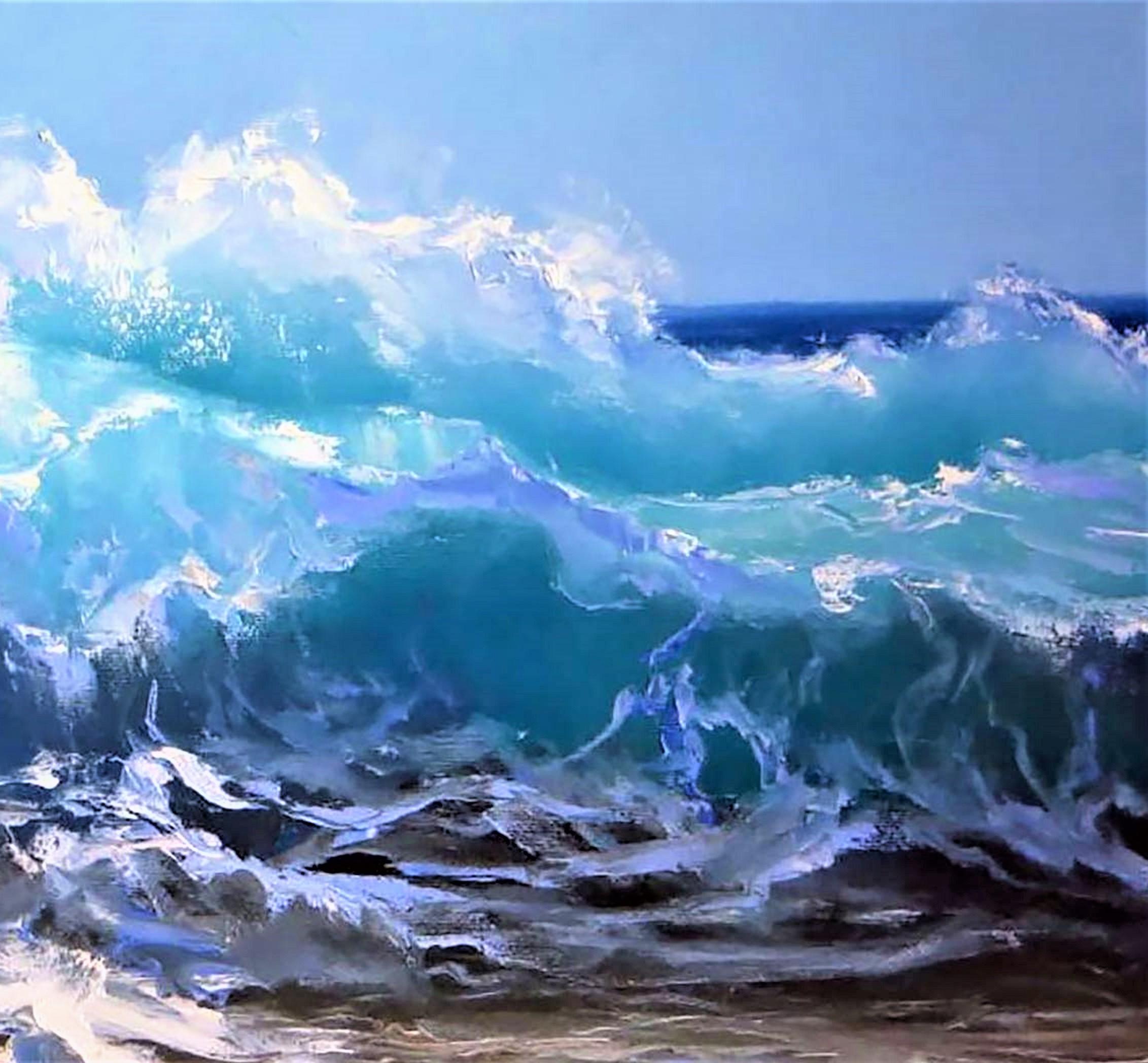 Vague de FOAM 50X70 huile sur toile - Gris Interior Painting par Elena Lukina