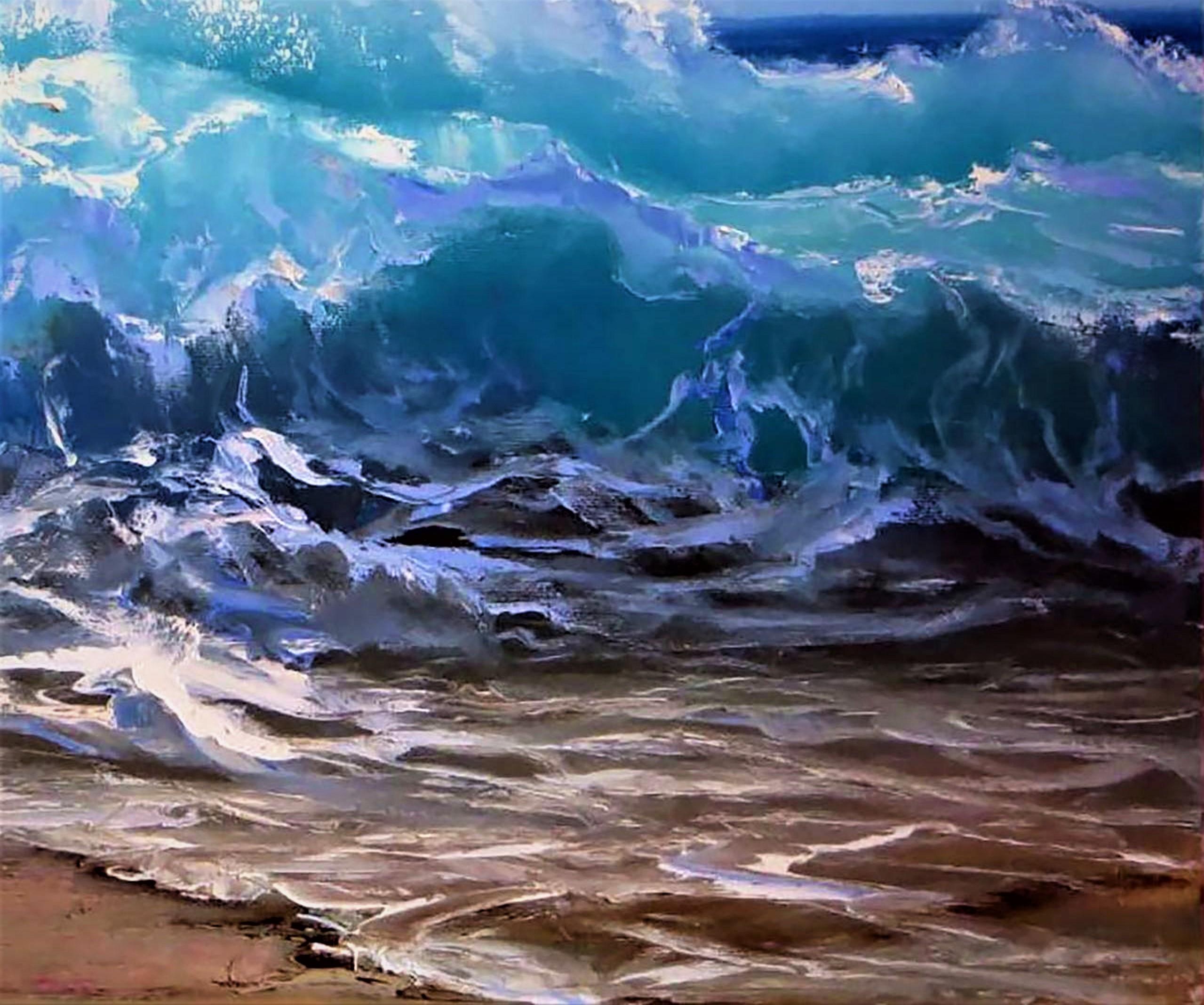 In diesem Tanz aus Blau und Weiß habe ich meine Seele in die wilde Umarmung der Gischt des Ozeans geworfen. Jeder Strich fängt die unerbittliche Kraft und die himmlische Schönheit der Wellen ein. Es ist eine Allegorie für die Turbulenzen und