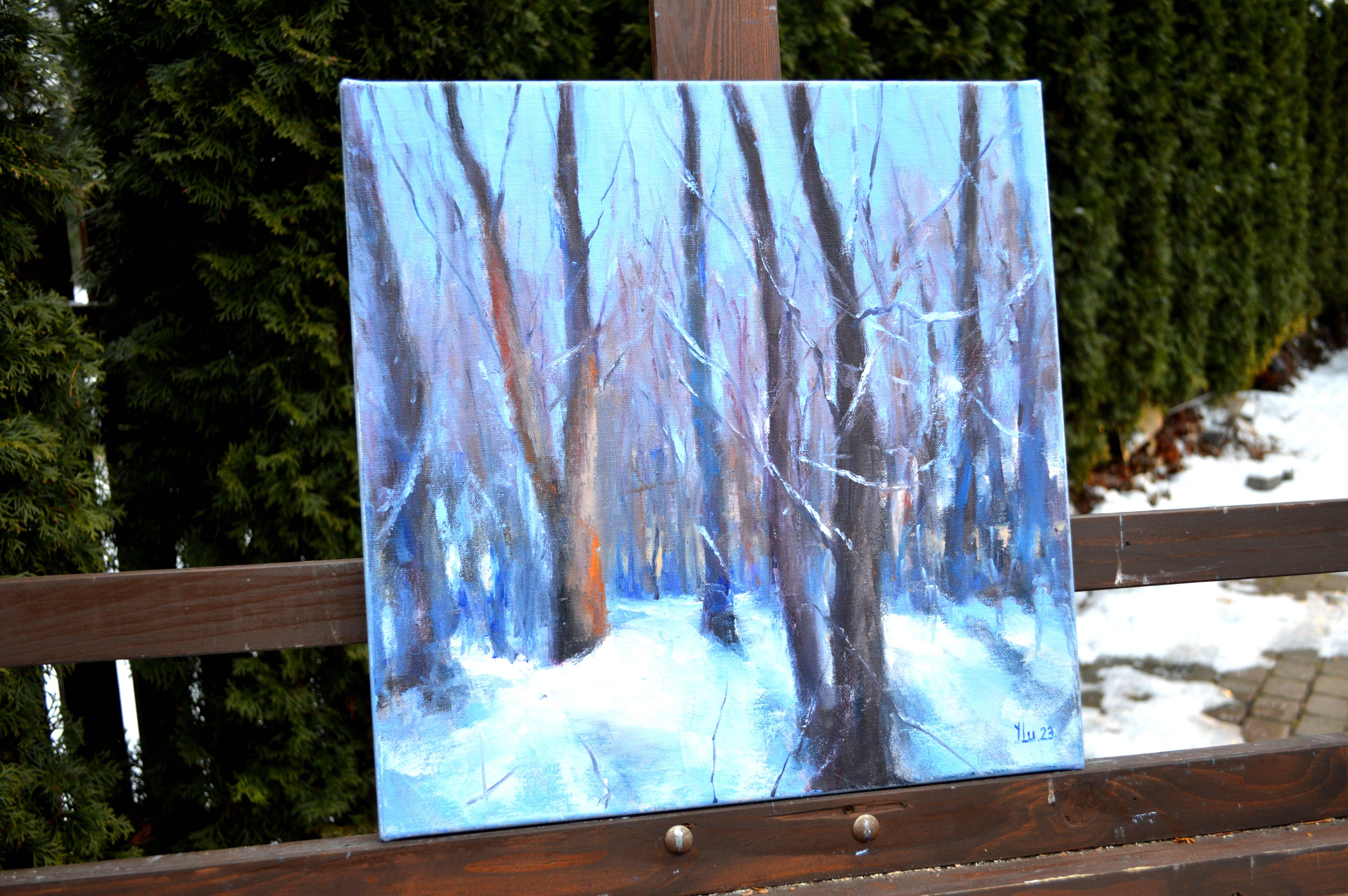 I poured my soul into this canvas, channeling the serene stillness and gentle crispness of a January day. With oils, I melded impressionism and expressionism, capturing the dance between light and shadows among the slumbering trees. My brushstrokes