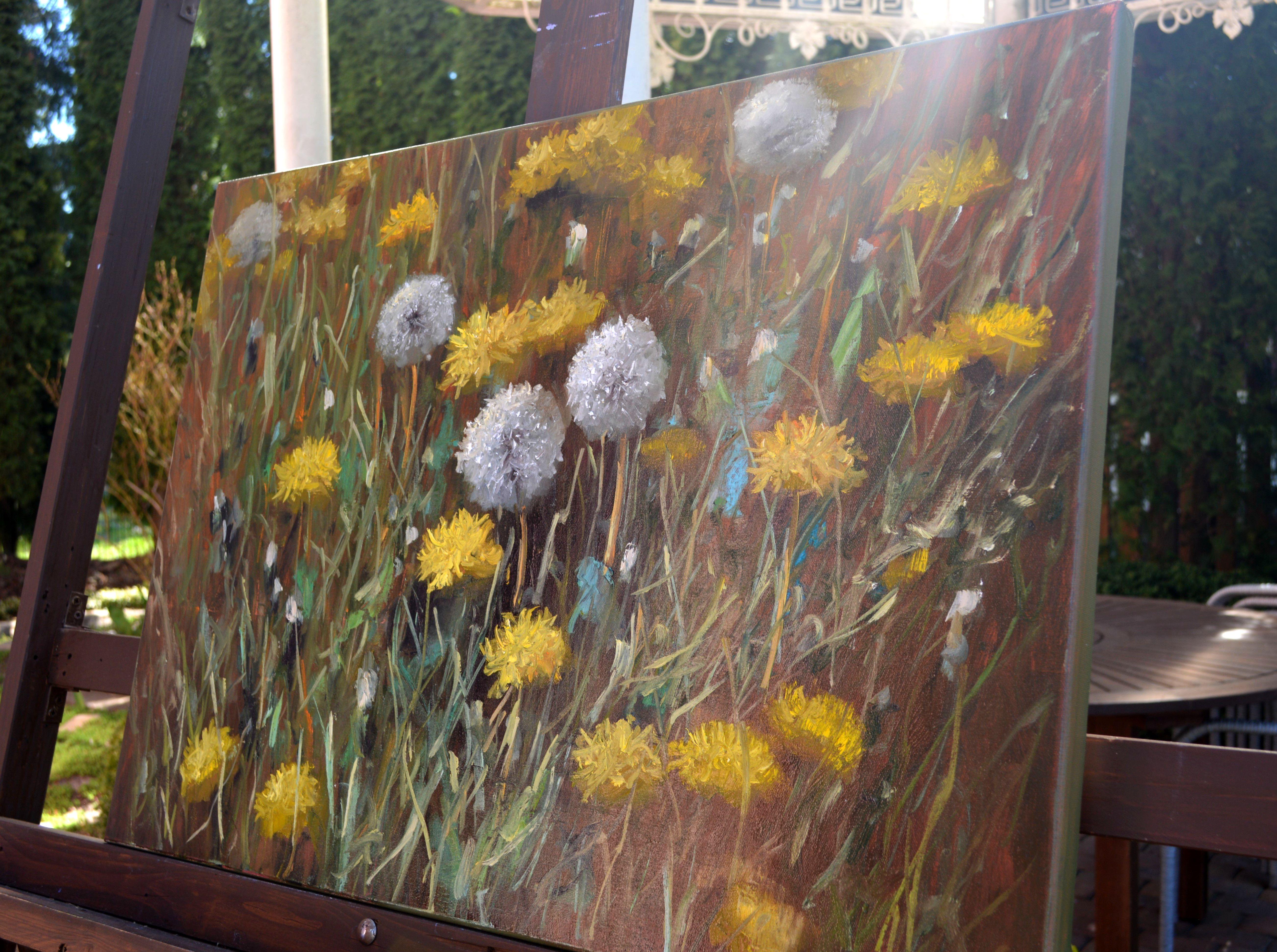Fragment of a lawn of dandelions 50X70 - Gray Landscape Painting by Elena Lukina