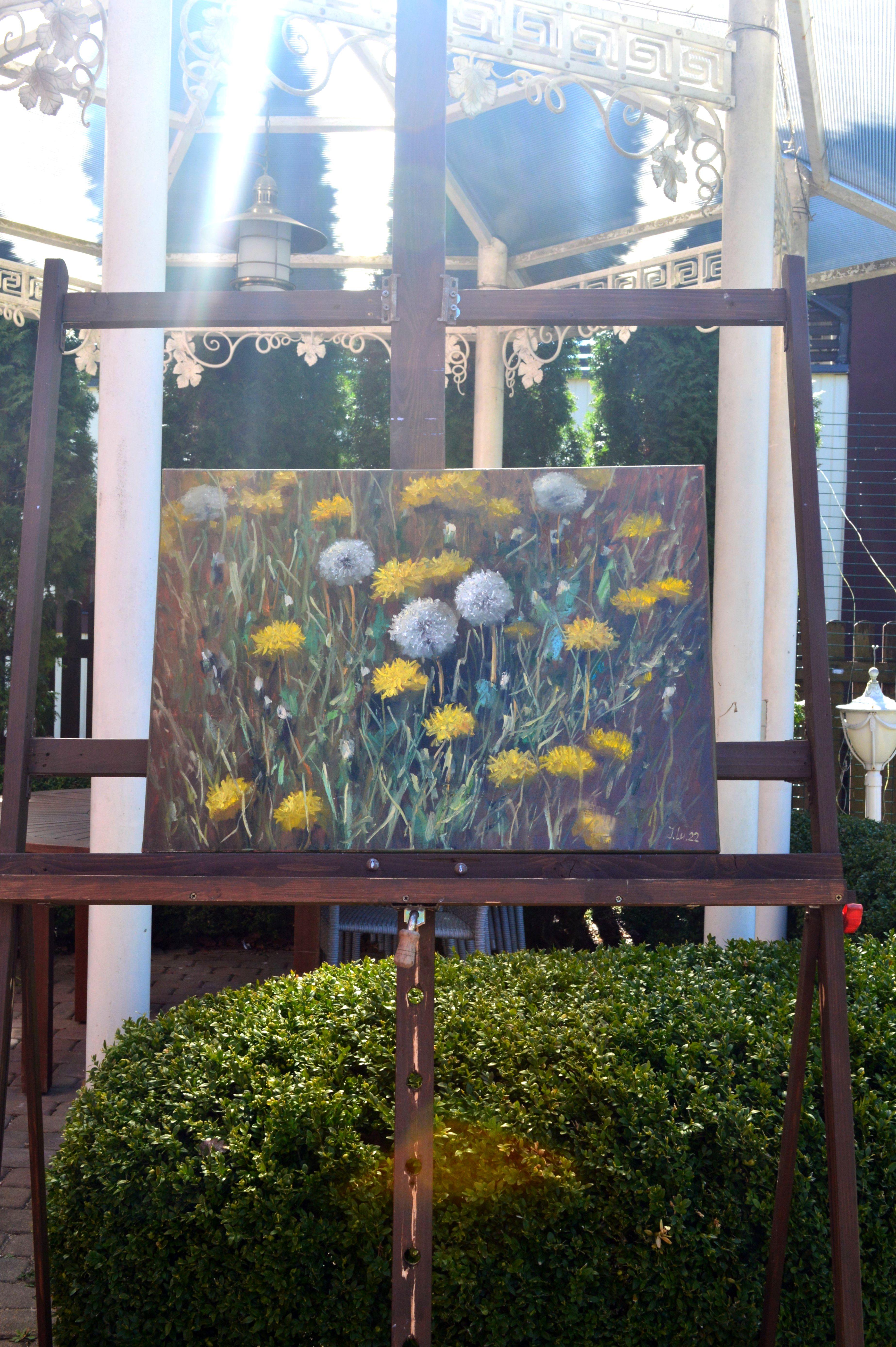 Fragment of a lawn of dandelions 50X70 - Painting by Elena Lukina
