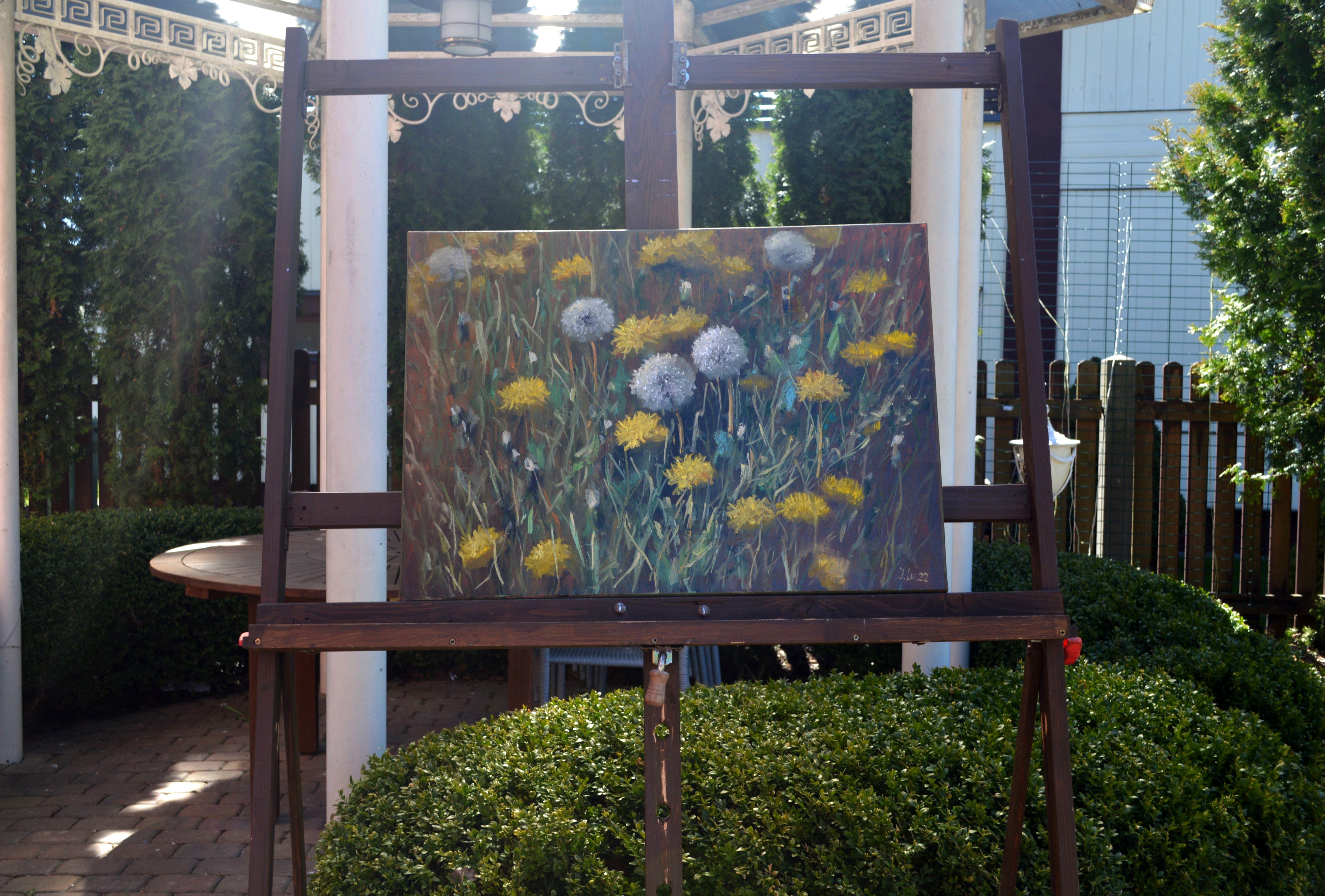 Fragment of a lawn of dandelions 50X70 - Expressionist Painting by Elena Lukina