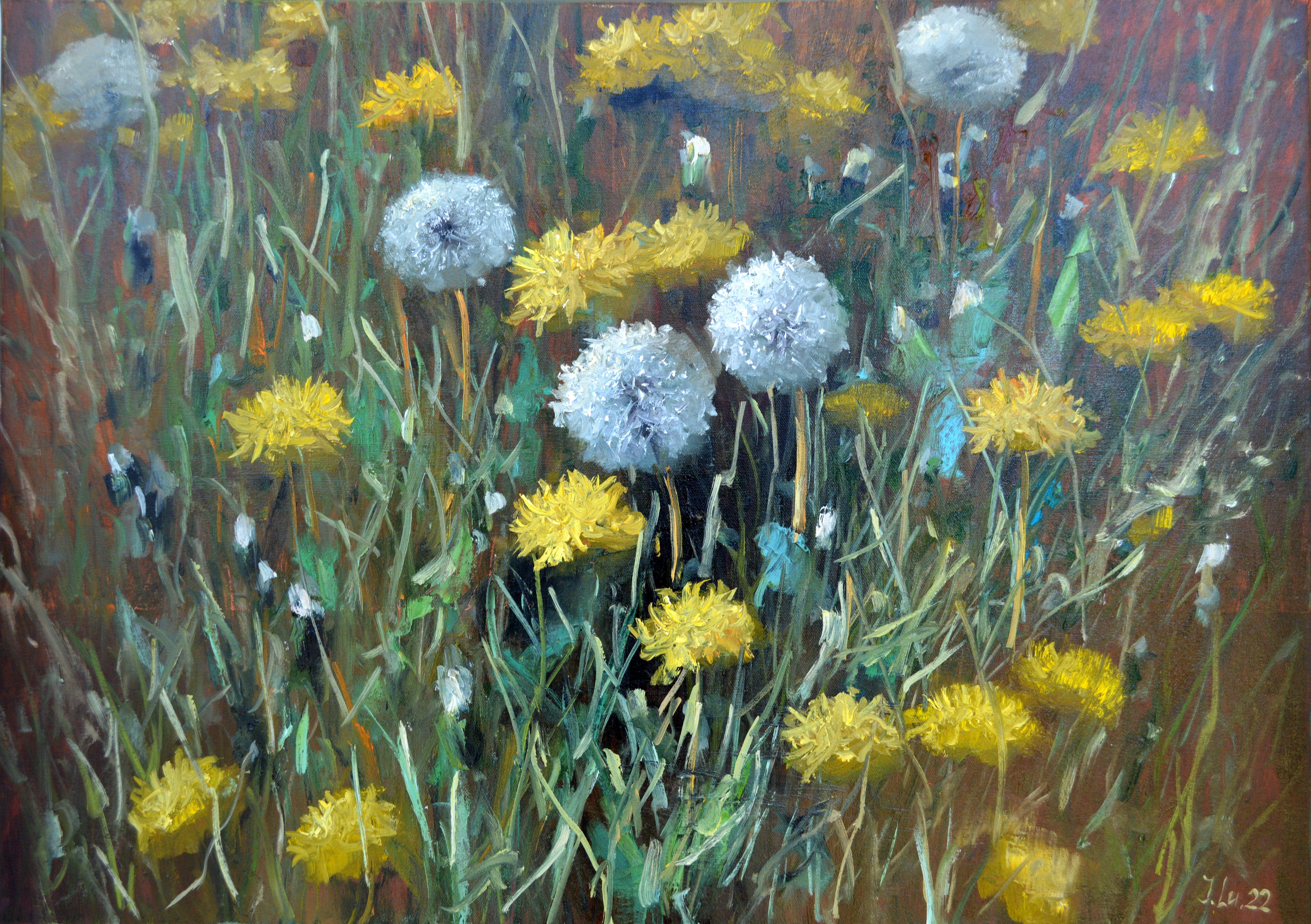 Elena Lukina Landscape Painting - Fragment of a lawn of dandelions 50X70