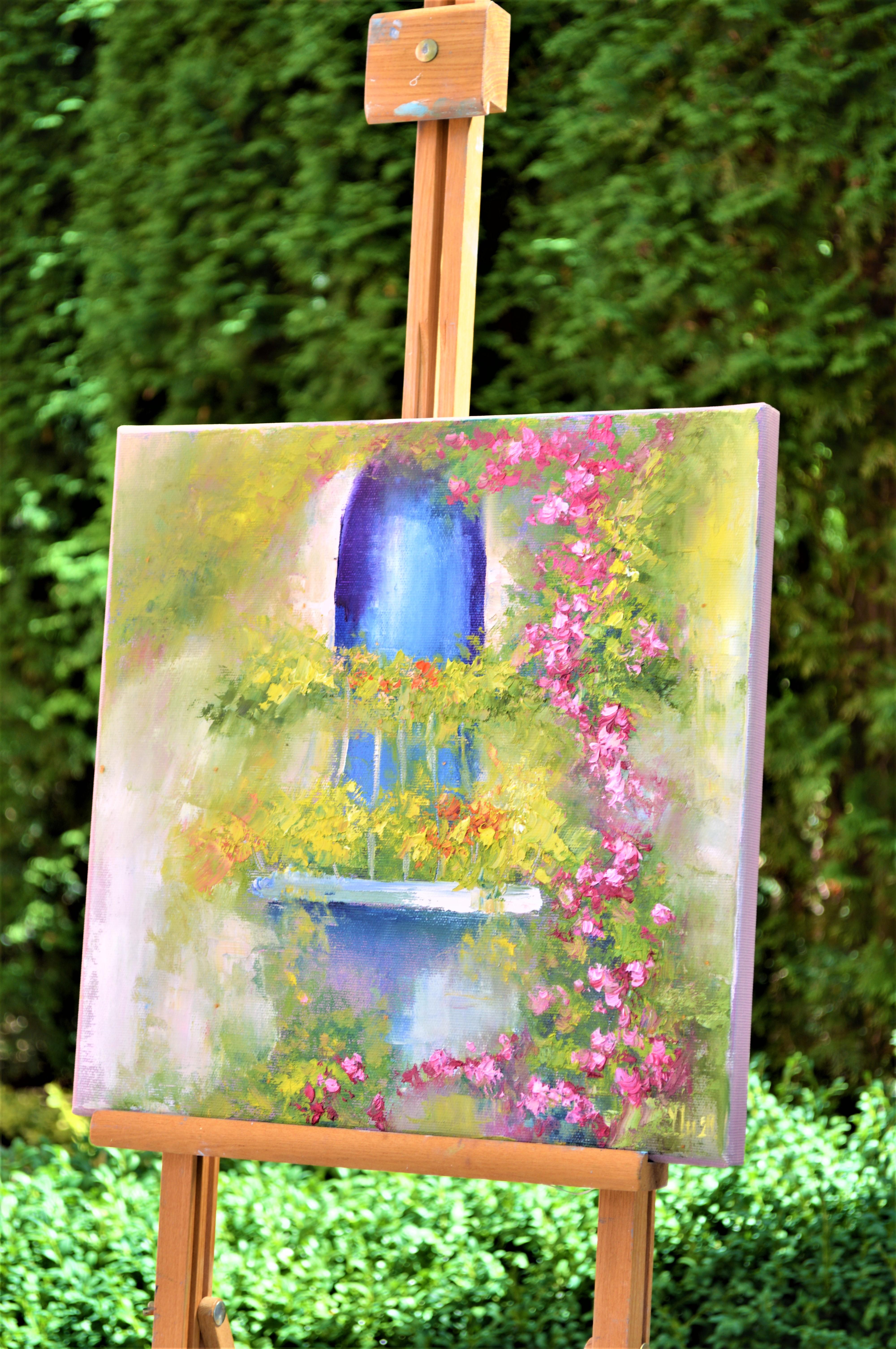 French balcony with flowers - Brown Interior Painting by Elena Lukina