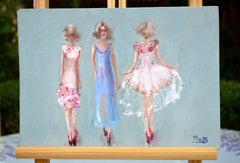 Funny fashionable girls Original impasto Miniature oil painting for living room