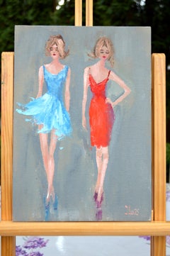 Drôles de fashionistas en bleu et rouge Impasto original Peinture à l'huile miniature