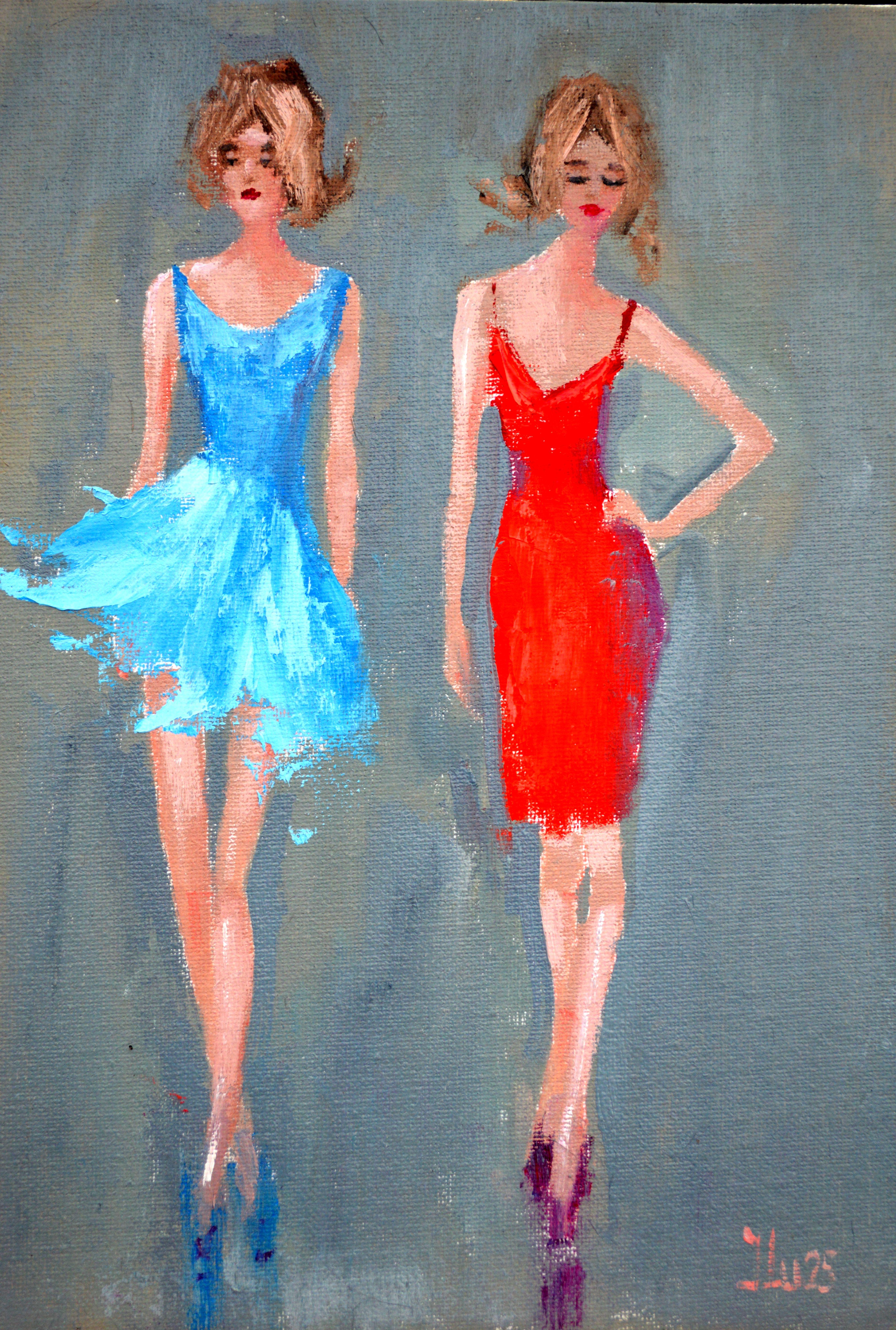 Elena Lukina Figurative Painting - Funny fashionistas in blue and red Original impasto Miniature oil painting