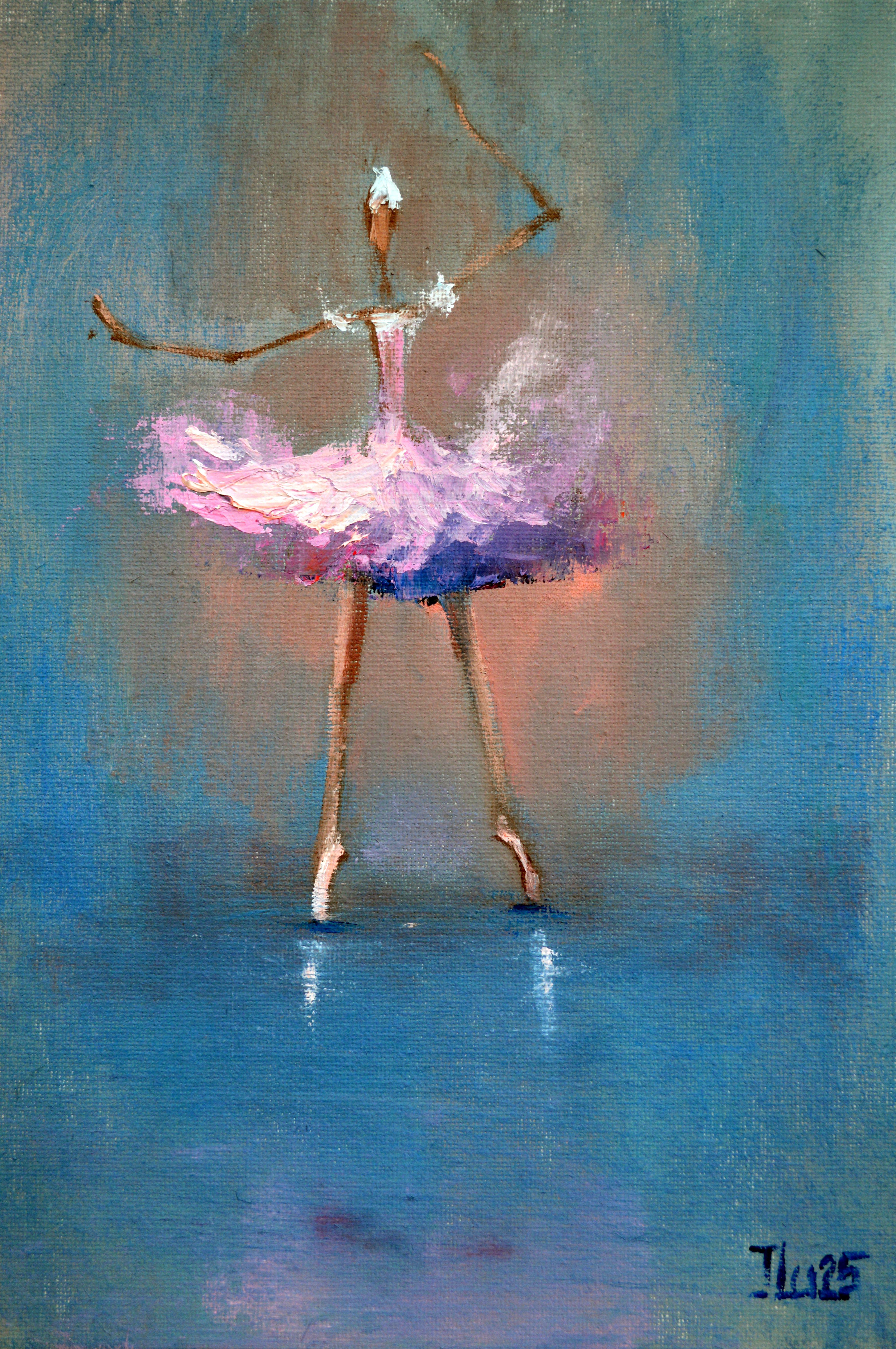 Funny pink ballerina. Original impasto Miniature oil painting.