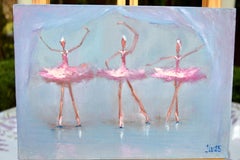 Funny pink ballerinas. Miniature original impasto oil painting.