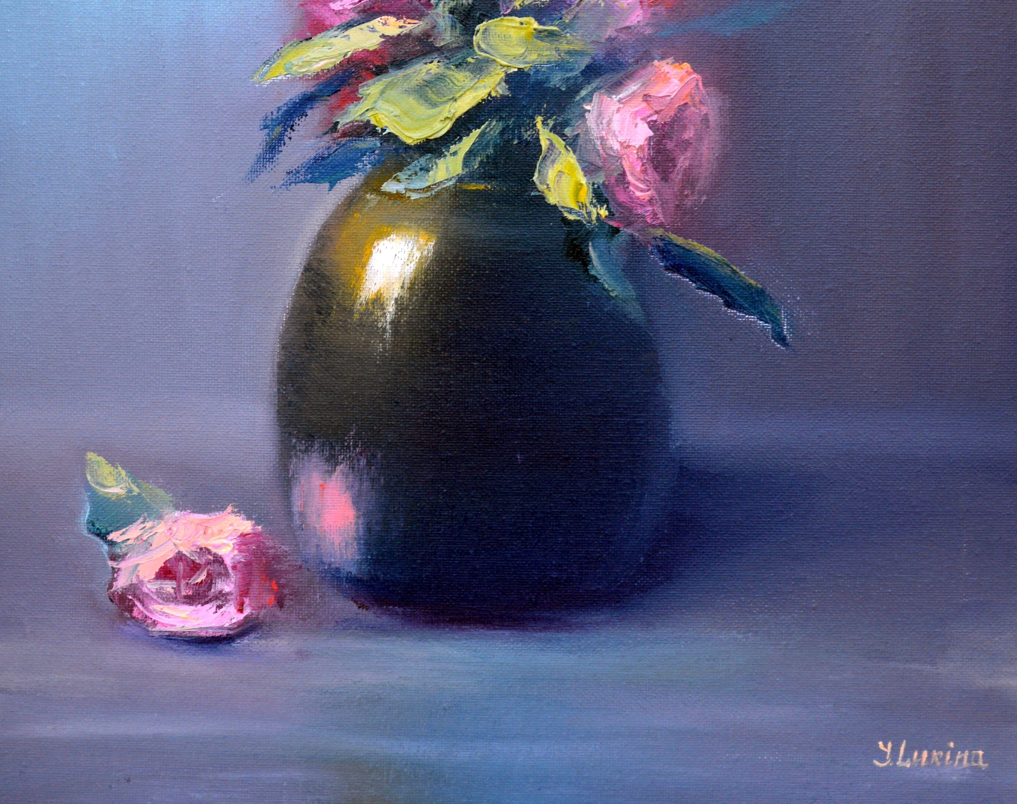 Sanfte Rosen  50X40 Ölgemälde. (Grau), Interior Painting, von Elena Lukina