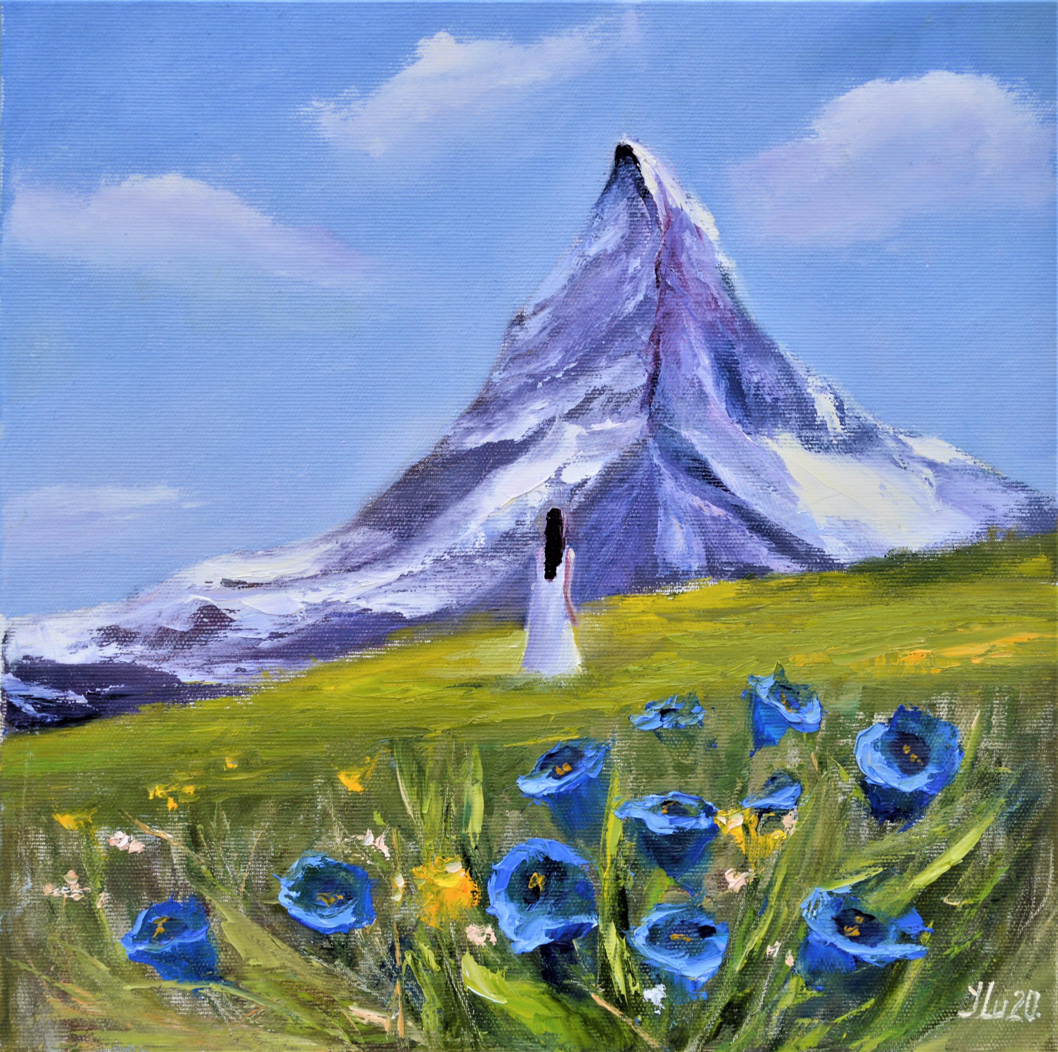 In this oil painting, I sought harmony with nature's grandeur, capturing the majestic mountain as a backdrop to the delicate dance of alpine flowers. Vivid blues and tranquil greens envelop the scene, offering a breath of serenity and a reminder of