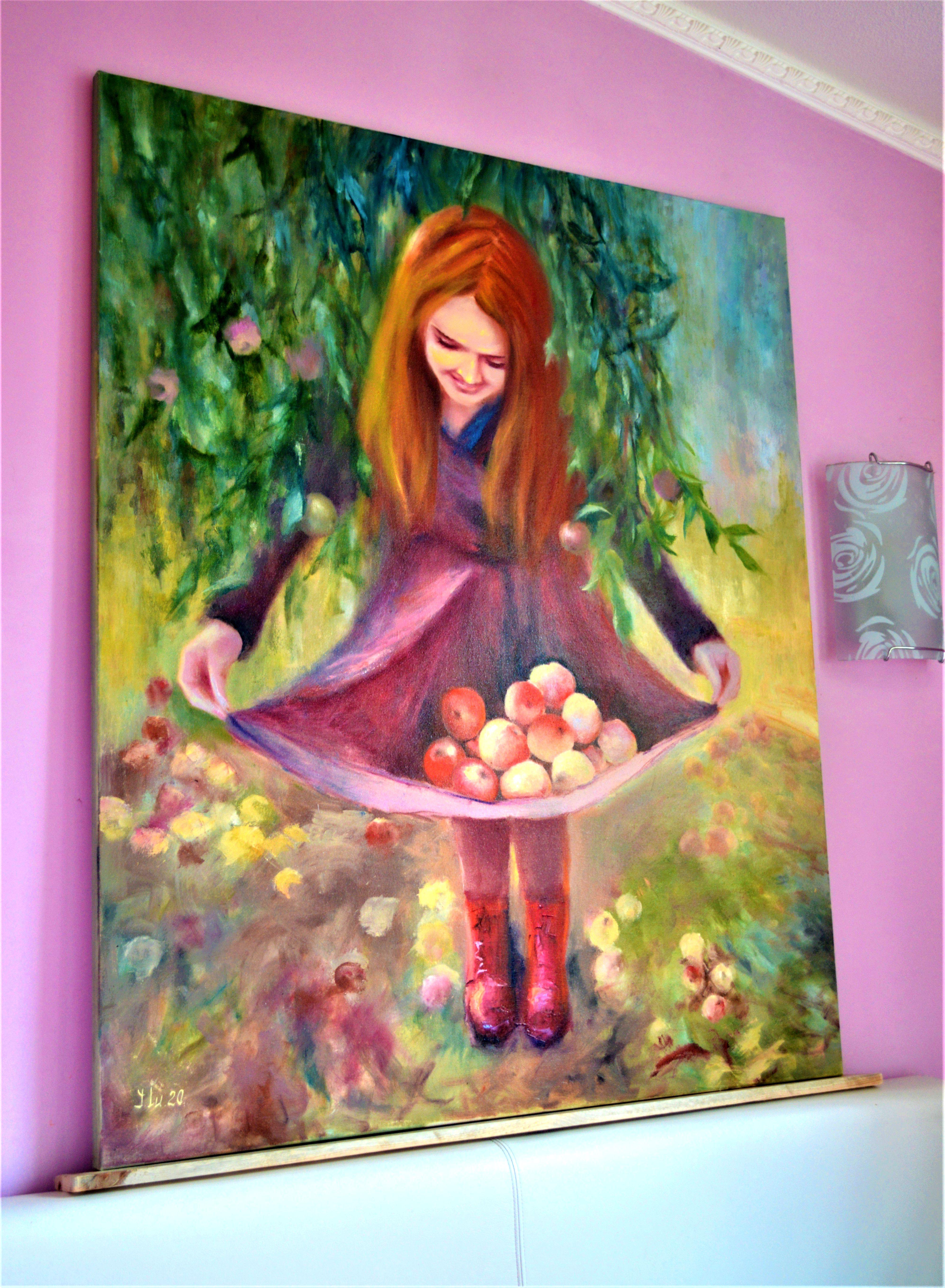 Mädchen mit Äpfeln – Painting von Elena Lukina