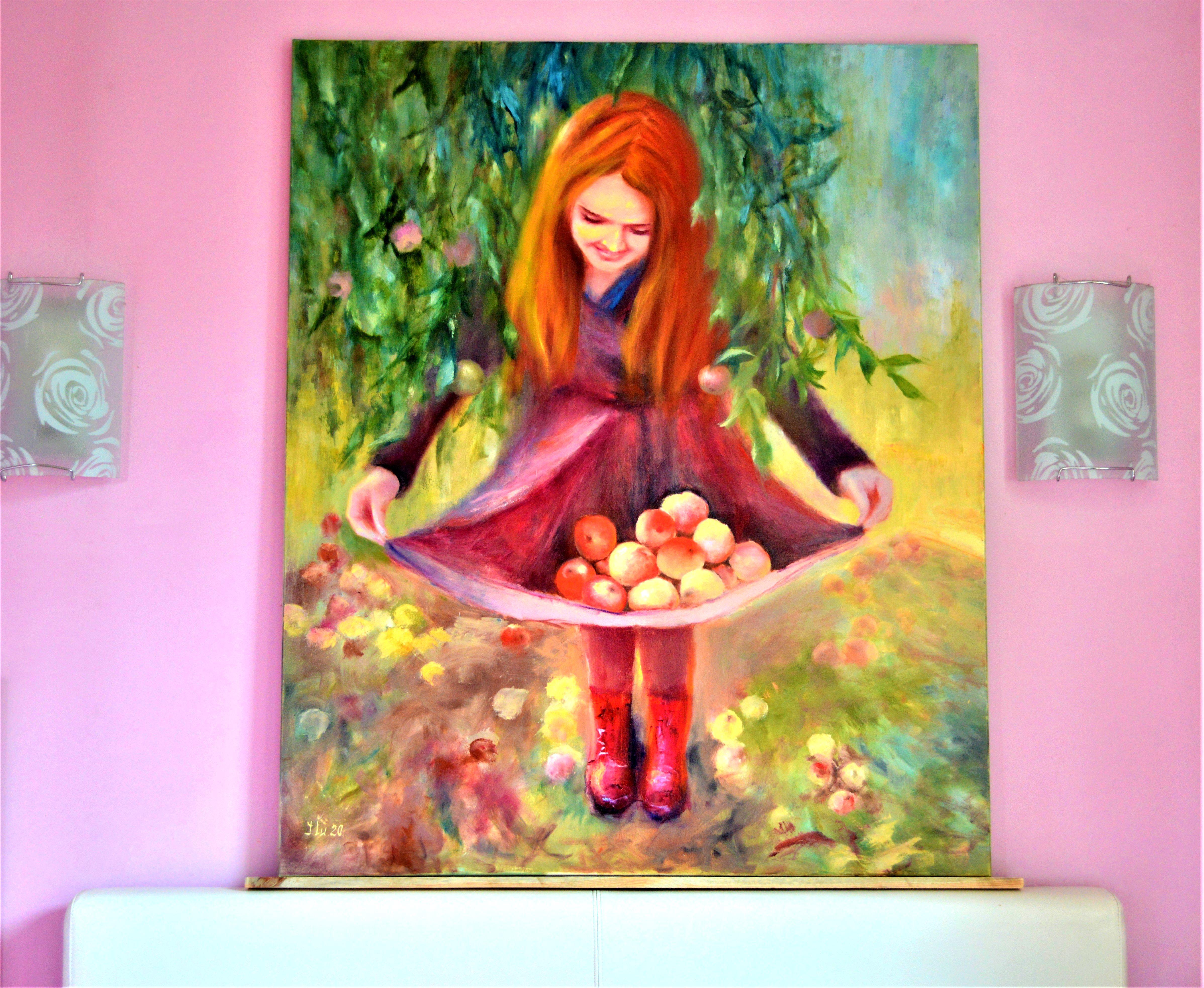 Mädchen mit Äpfeln (Grau), Figurative Painting, von Elena Lukina