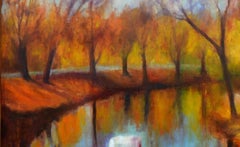 Golden season. Large abstract Landscape Oil Painting on Italian canvas.