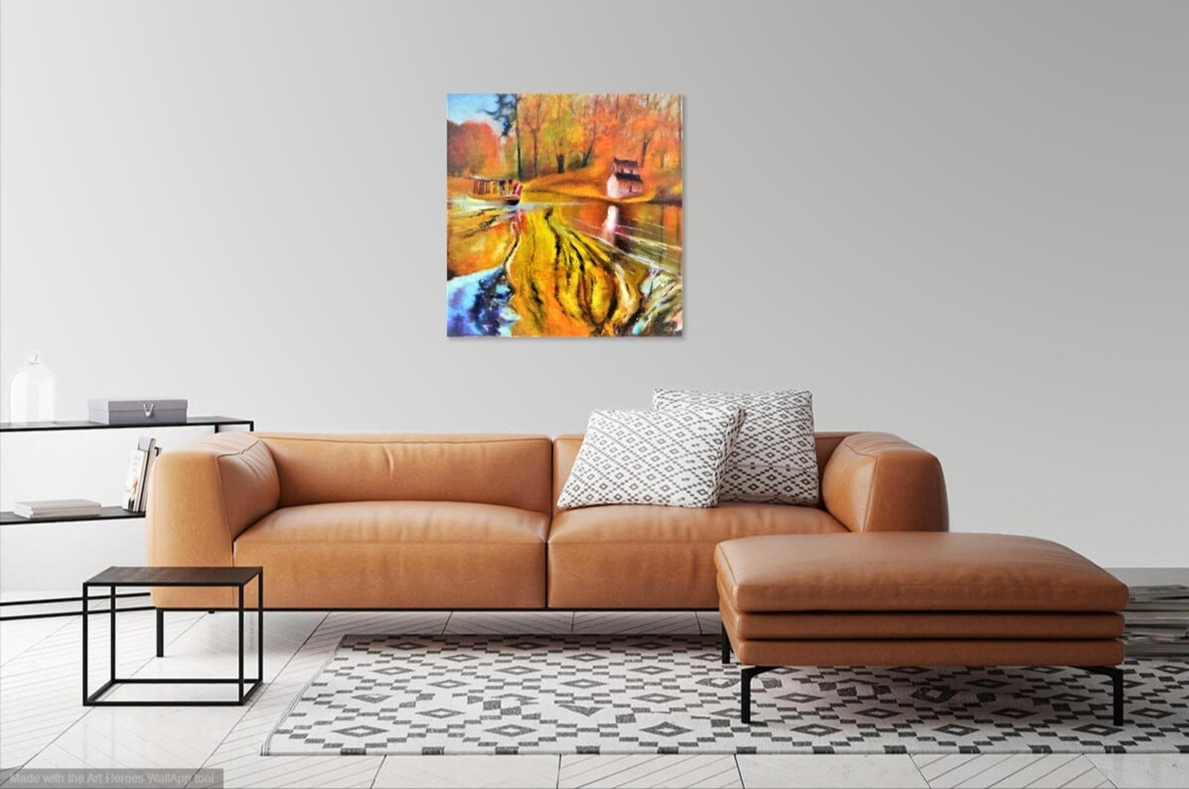 Dans cette peinture, j'ai cherché à capturer l'essence sereine mais vibrante de l'automne au bord d'un étang tranquille. Les riches teintes dorées des arbres, la qualité réfléchissante de l'eau et la présence subtile d'un bateau et d'une cabane